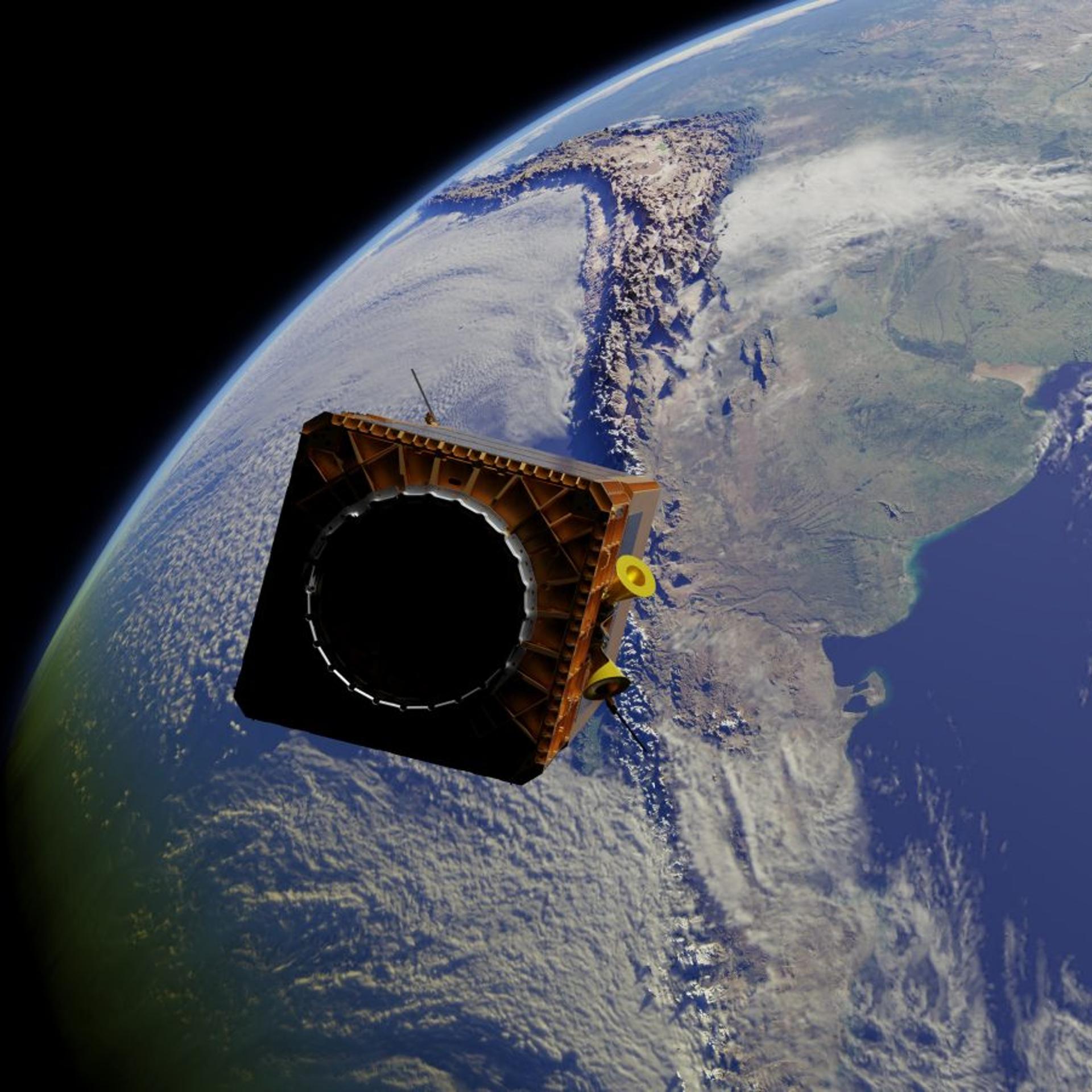 Computer rendering of an OSK satellite, which monitors methane emissions on Earth.