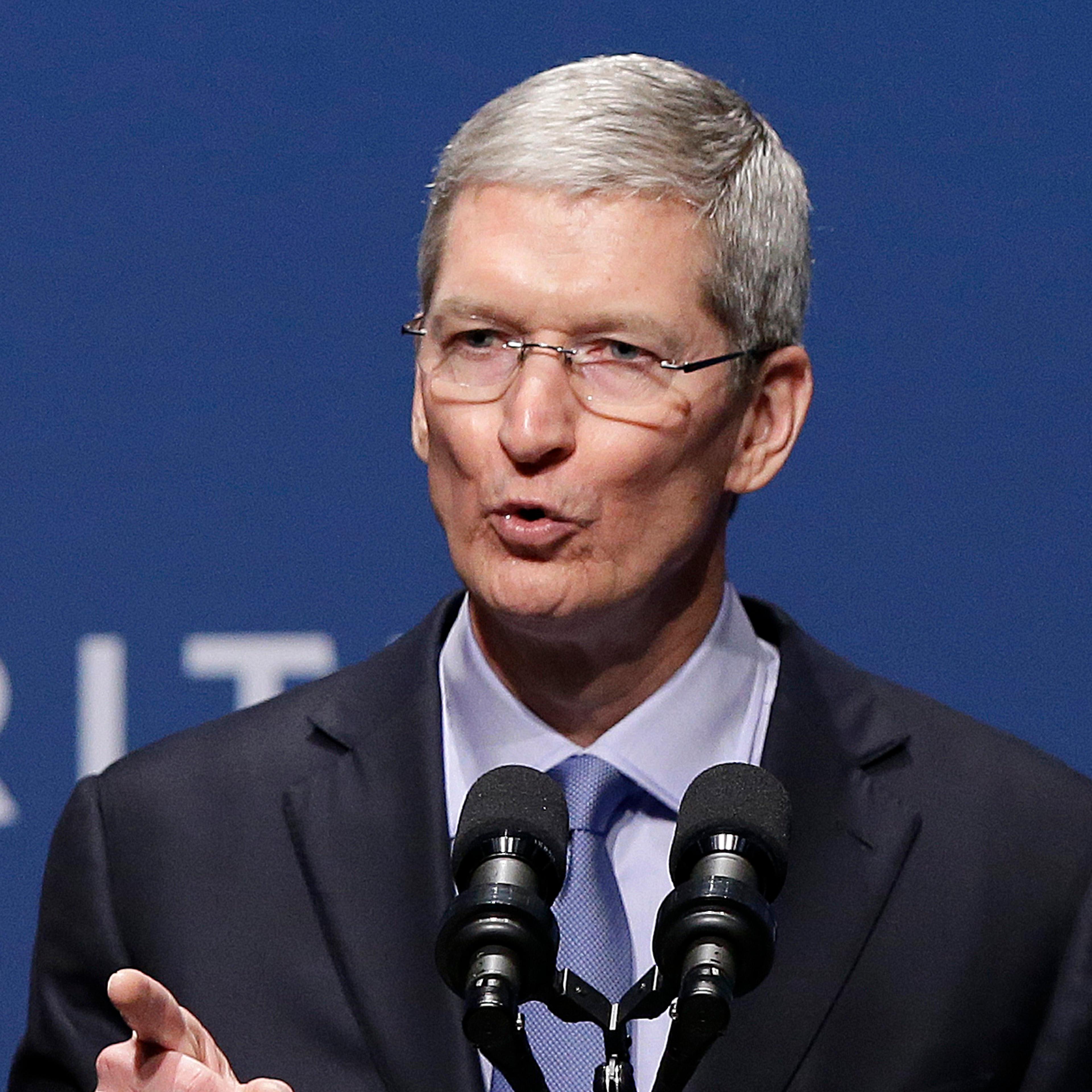 Apple CEO Tim Cook speaks at the White House Summit on Cybersecurity and Consumer Protection in Stanford, Calif. on Feb. 13, 2015.