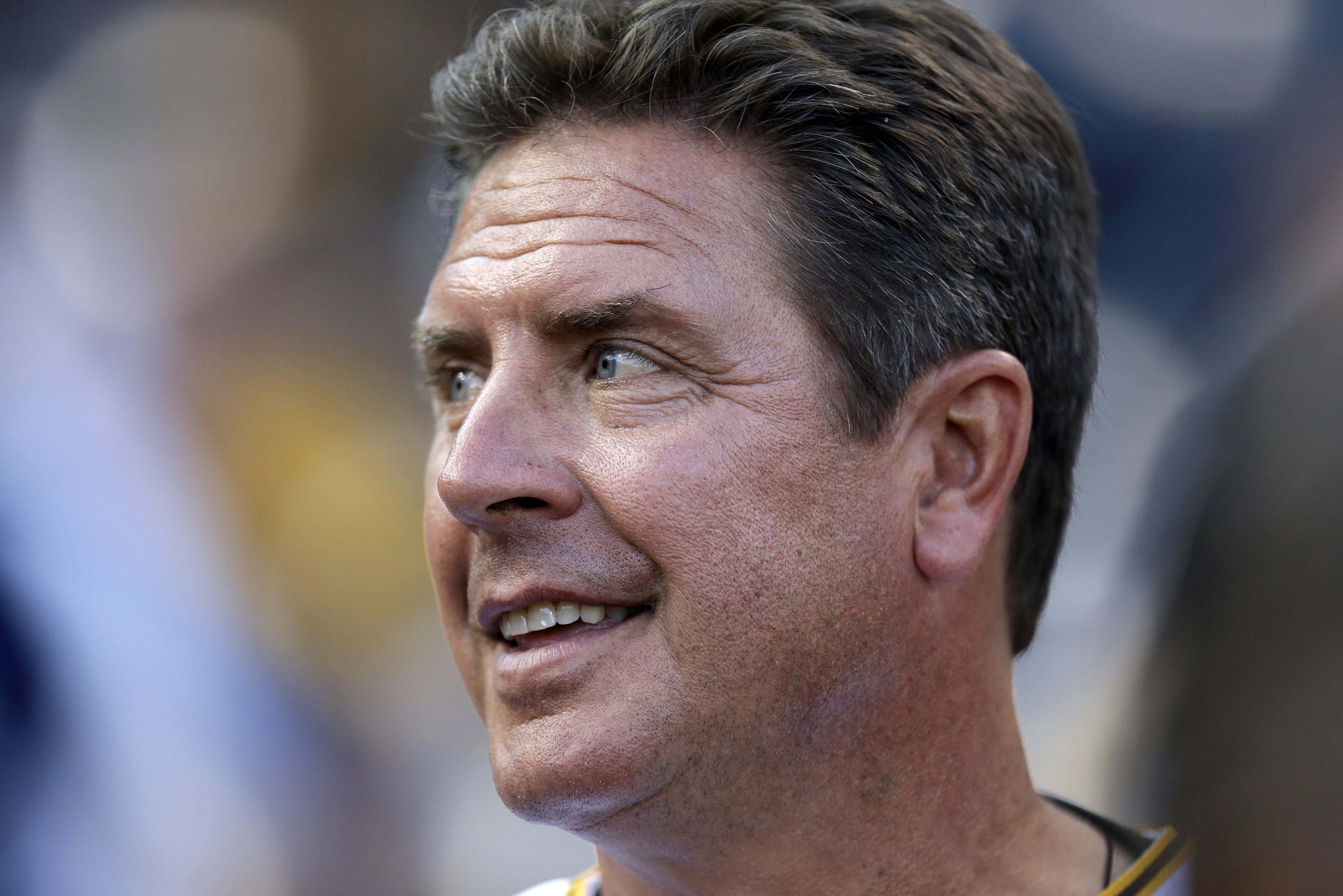 NFL football Hall of Fame quarterback Dan Marino at a baseball game between the Pittsburgh Pirates and the Milwaukee Brewers in Pittsburgh on Aug. 29, 2013.