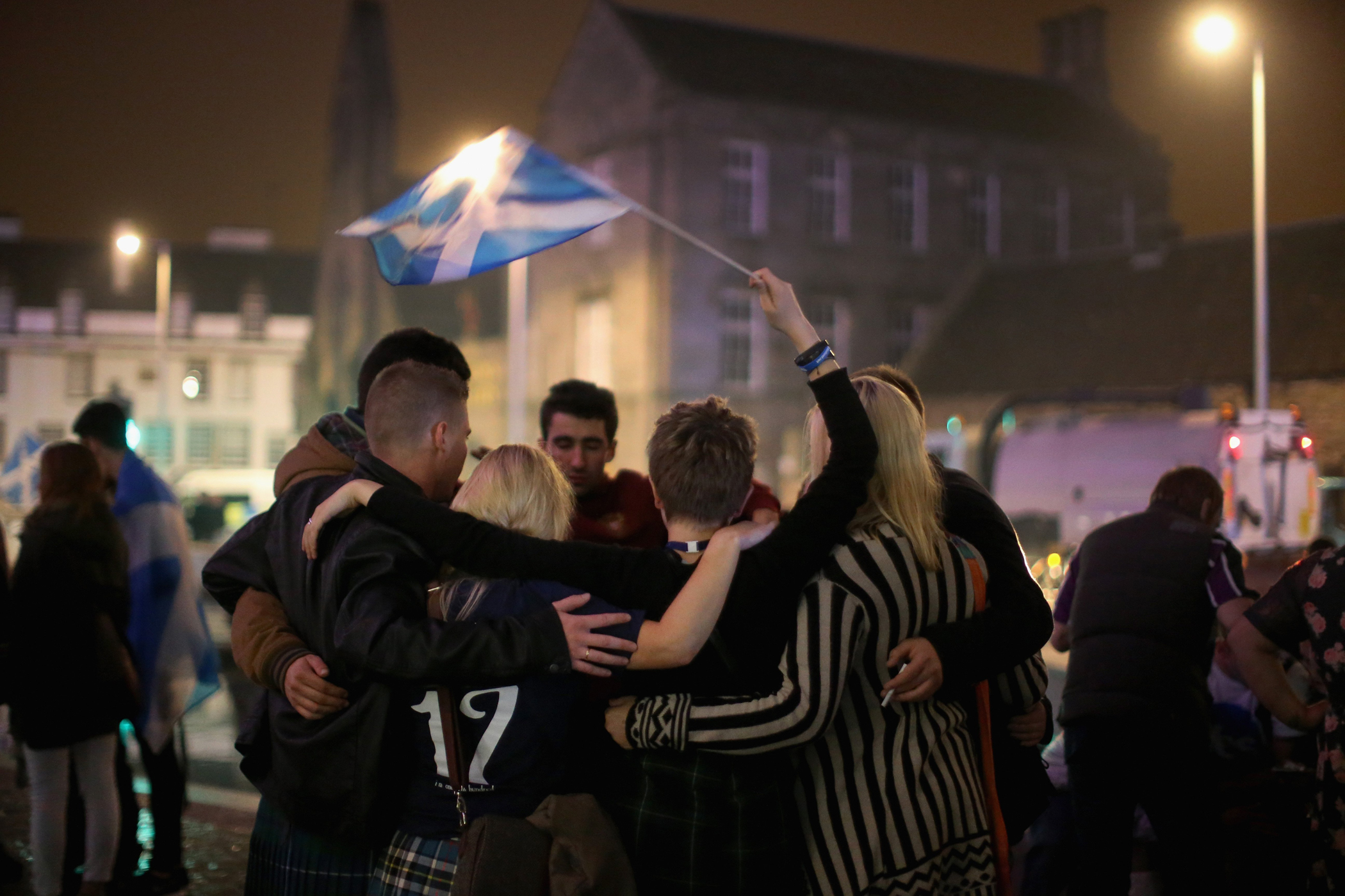Yes vote campaigners console themselves outside the Scottish Parliament building after the people of Scotland voted no to independence on Sept. 19, 2014 in Edinburgh, Scotland.
