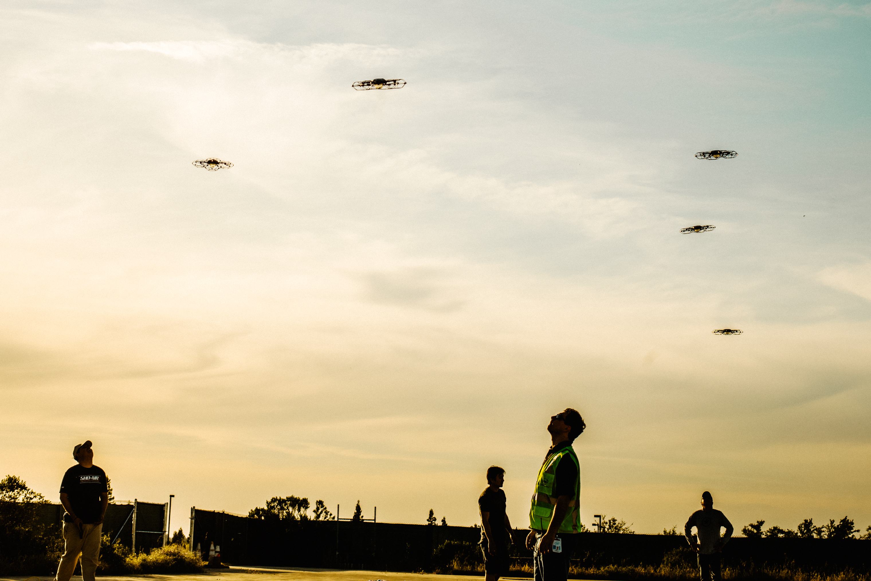 Members of the Intel Shooting Star team test a few of their drones before a cover animation attempt on May 3, 2018 in Folsom, Calif.