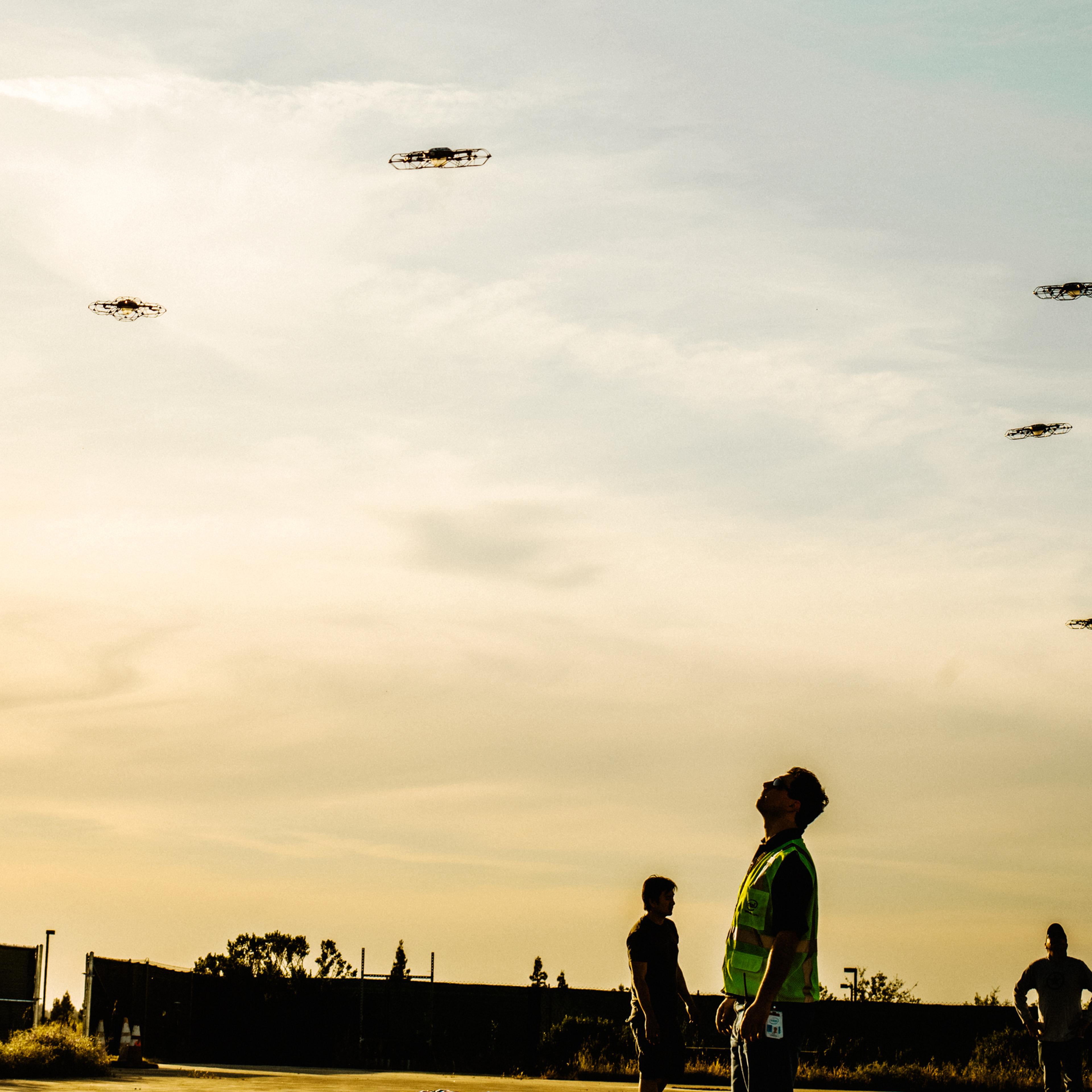 Members of the Intel Shooting Star team test a few of their drones before a cover animation attempt on May 3, 2018 in Folsom, Calif.
