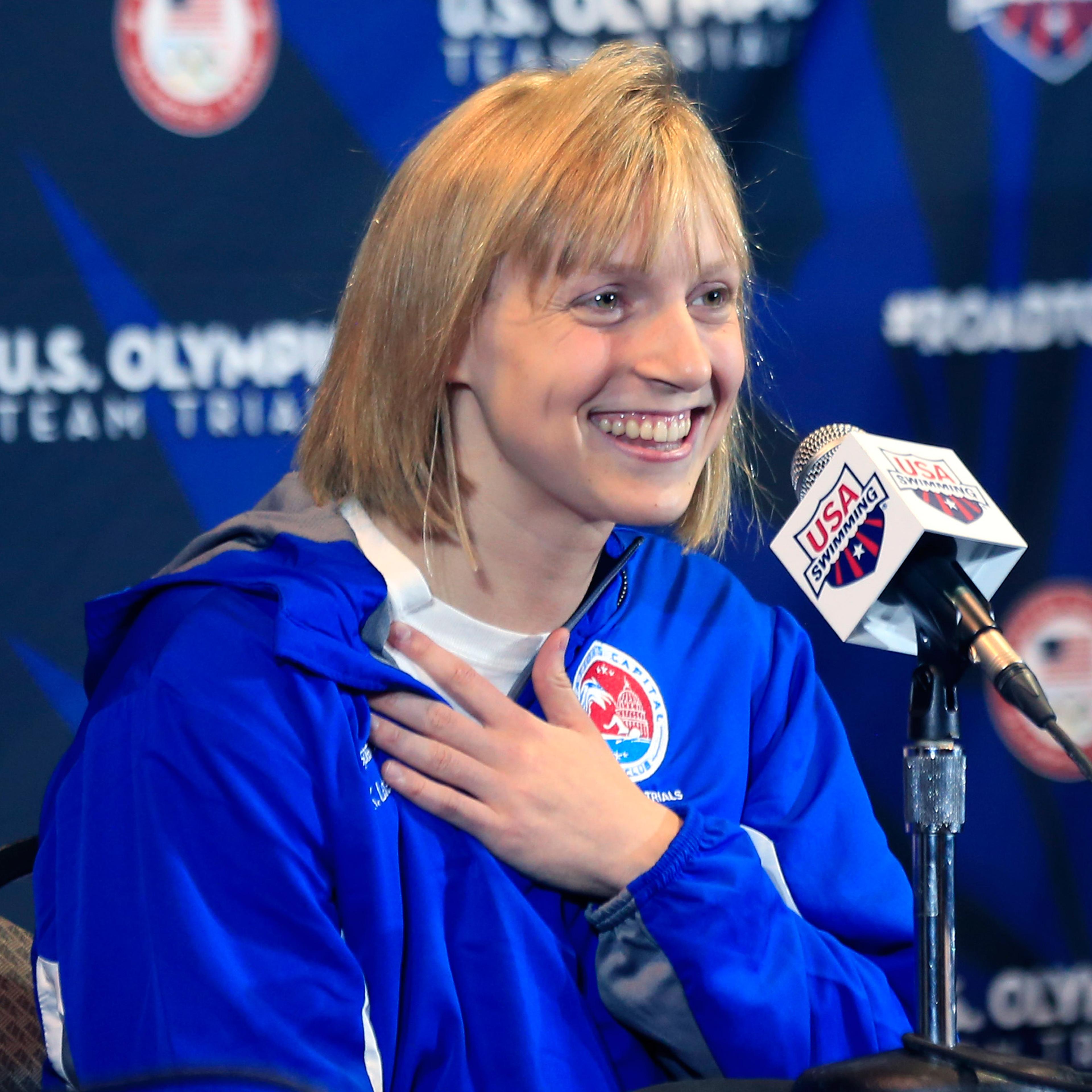 Olympic gold medalist Katie Ledecky speaks during a news conference at U.S. Olympic team trials in Omaha, Neb., Friday, June 24, 2016. (AP Photo/Orlin Wagner)