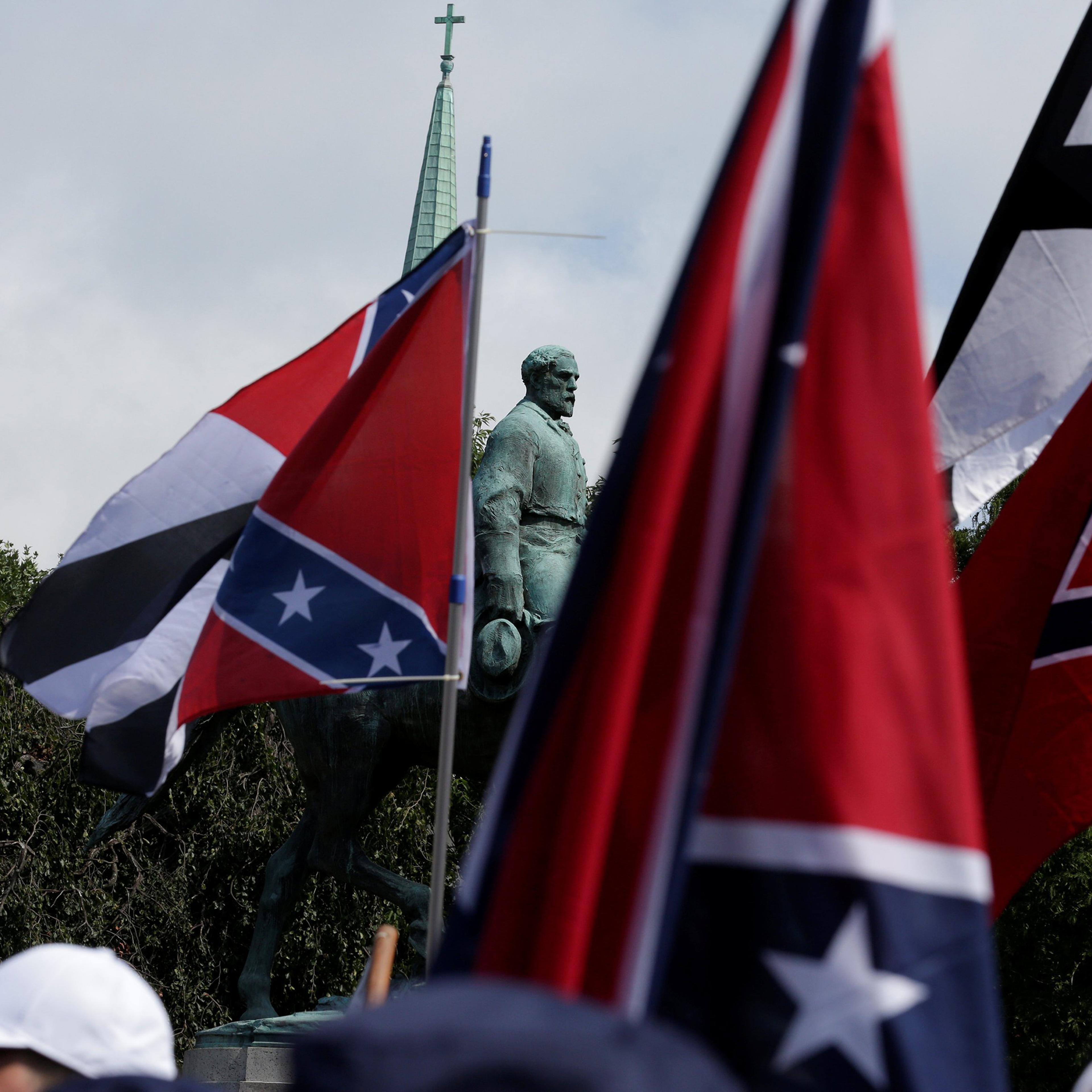 White nationalists gathered near the Robert E. Lee statue in Charlottesville, Va., on Aug. 12, 2017.