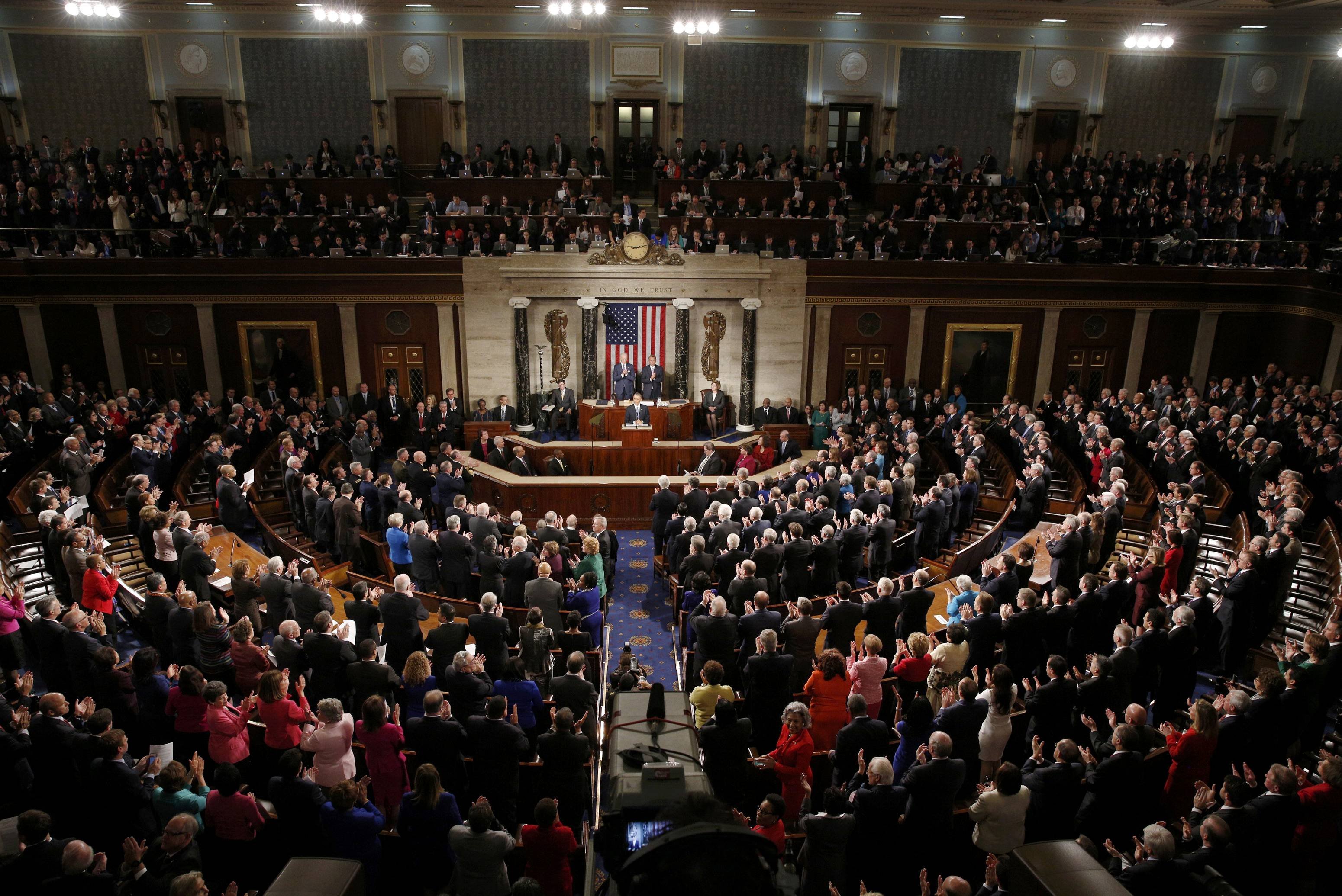 U.S. President Barack Obama receives a standing ovation as he delivers his State of the Union address to a joint session of Congress in the U.S. Capitol in Washington on Jan. 20, 2015.