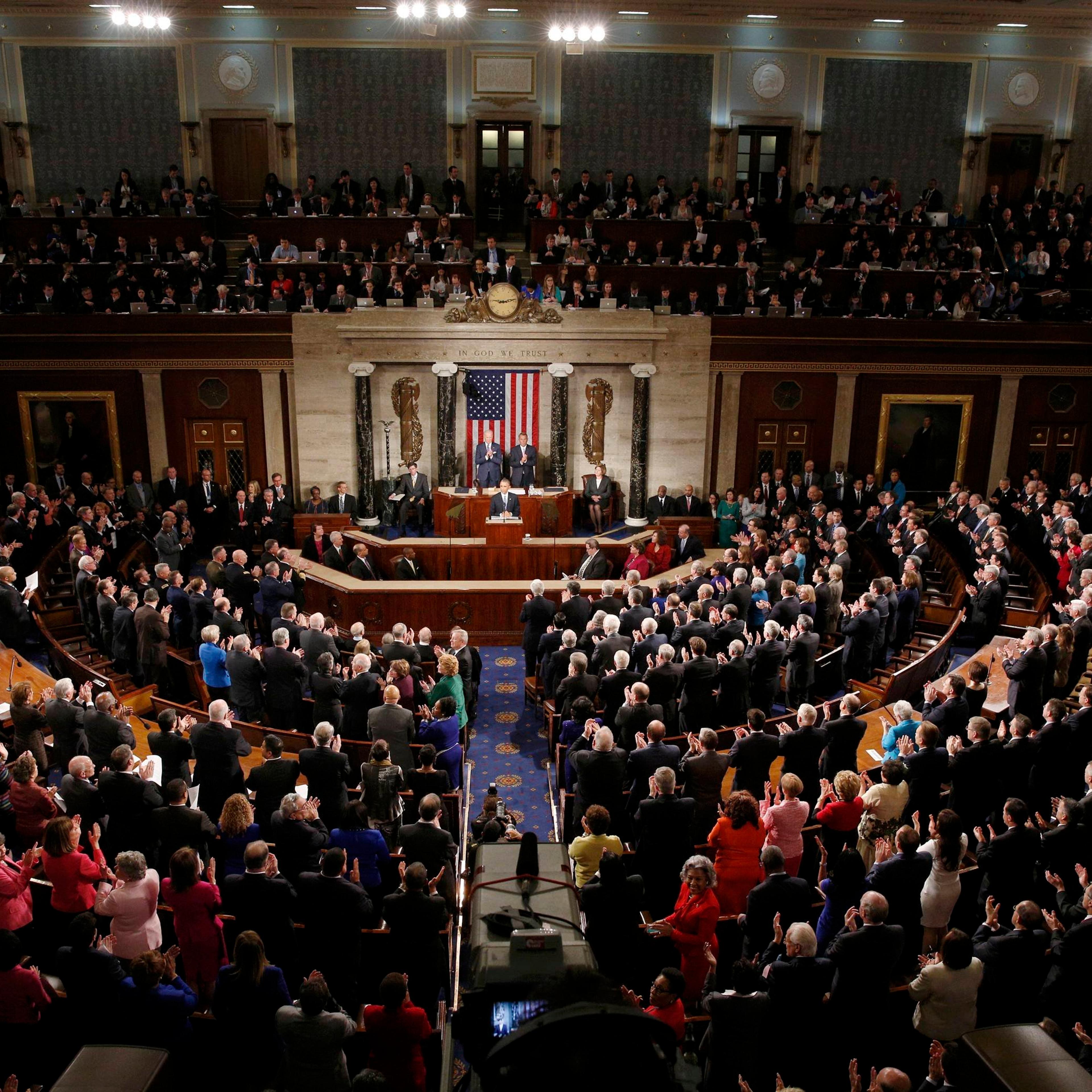 U.S. President Barack Obama receives a standing ovation as he delivers his State of the Union address to a joint session of Congress in the U.S. Capitol in Washington on Jan. 20, 2015.