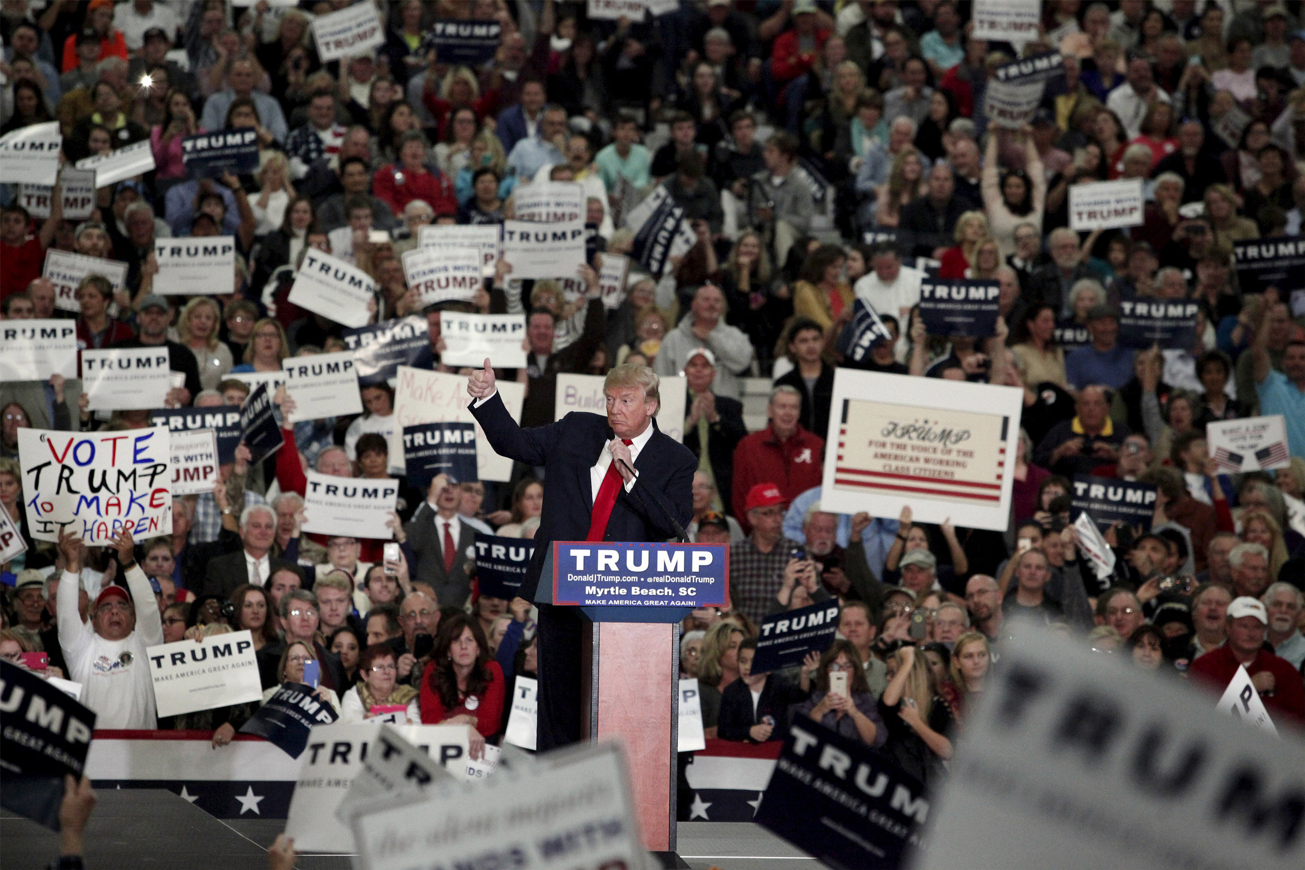 U.S. Republican presidential candidate Donald Trump speaks to supporters at an event at the Myrtle Beach Convention Center in Myrtle Beach
