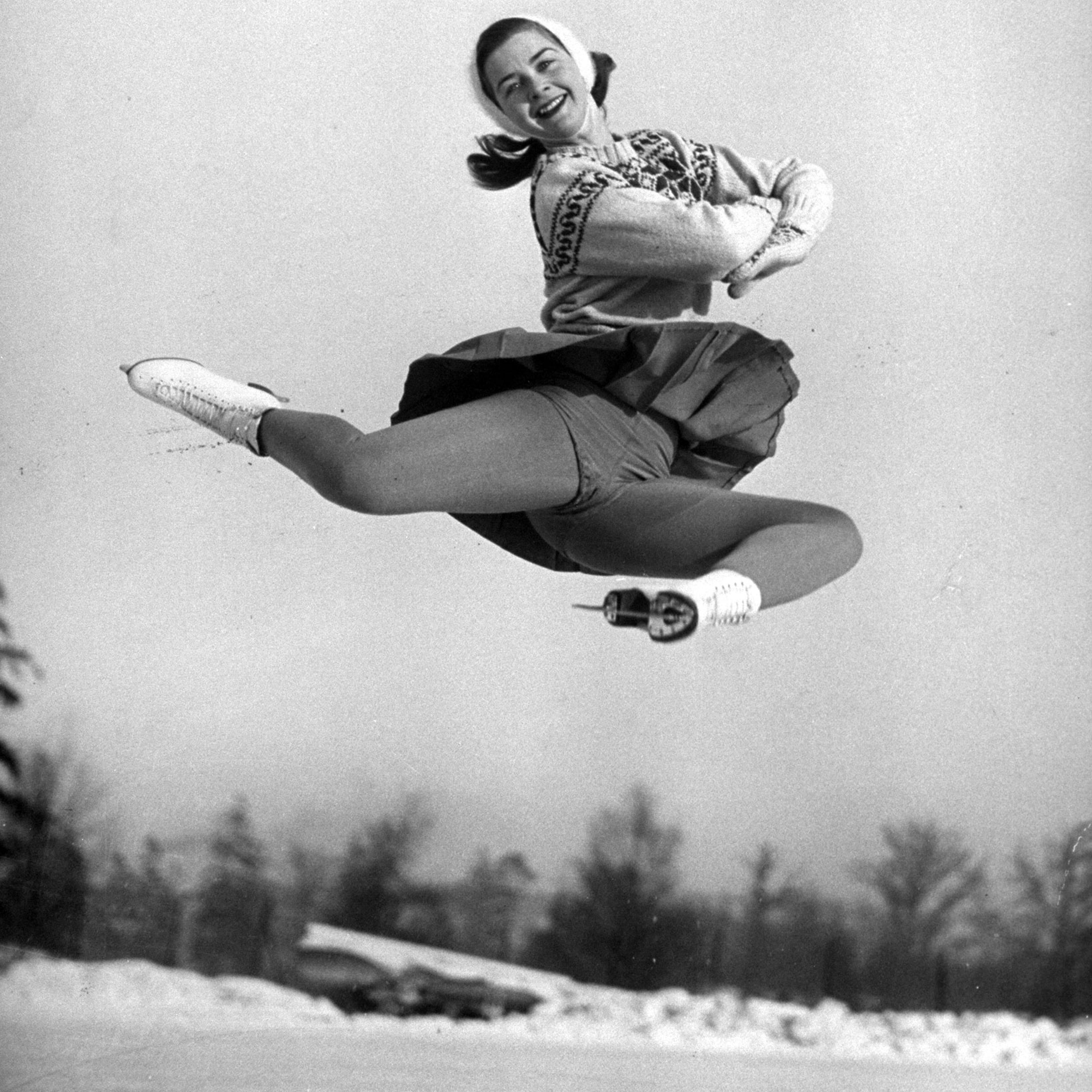 Miss Scott hurtles high into air in a flawless execution of difficult figure called a stag jump.