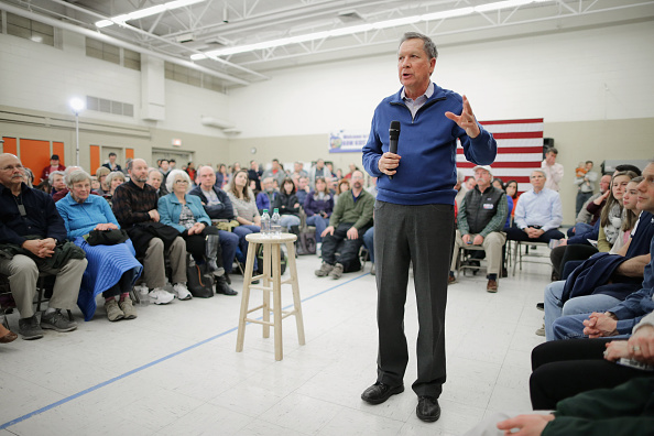 Republican presidential candidate and Ohio Gov. John Kasich holds a town hall meeting in the cafeteria at Bow Elementary School in Bow, New Hampshire, Jan. 31, 2016.