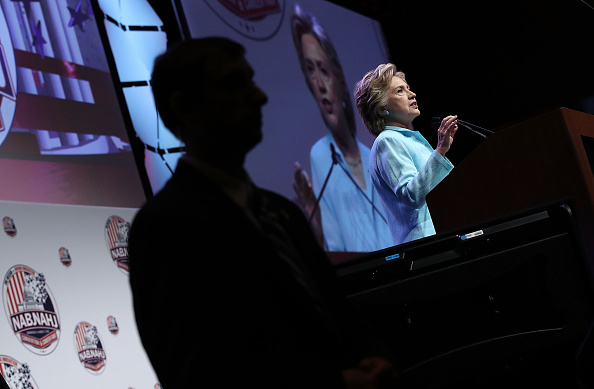 Democratic presidential nomiee Hillary Clinton addresses the National Association of Black Journalists and the National Association of Hispanic Journalists August 5, 2016 in Washington, DC.