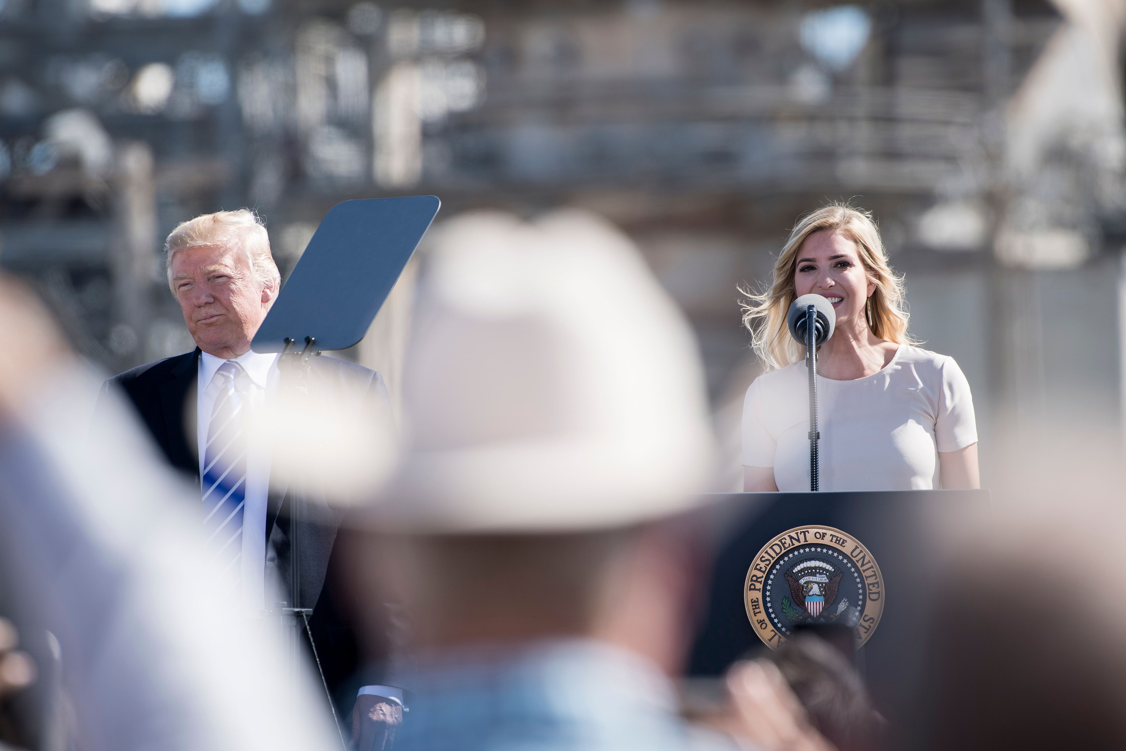 Ivanka Trump introduces President Donald Trump before he speaks about the need for tax reform at Andeavor Refinery, Sept. 6, 2017, in Mandan, North Dakota.