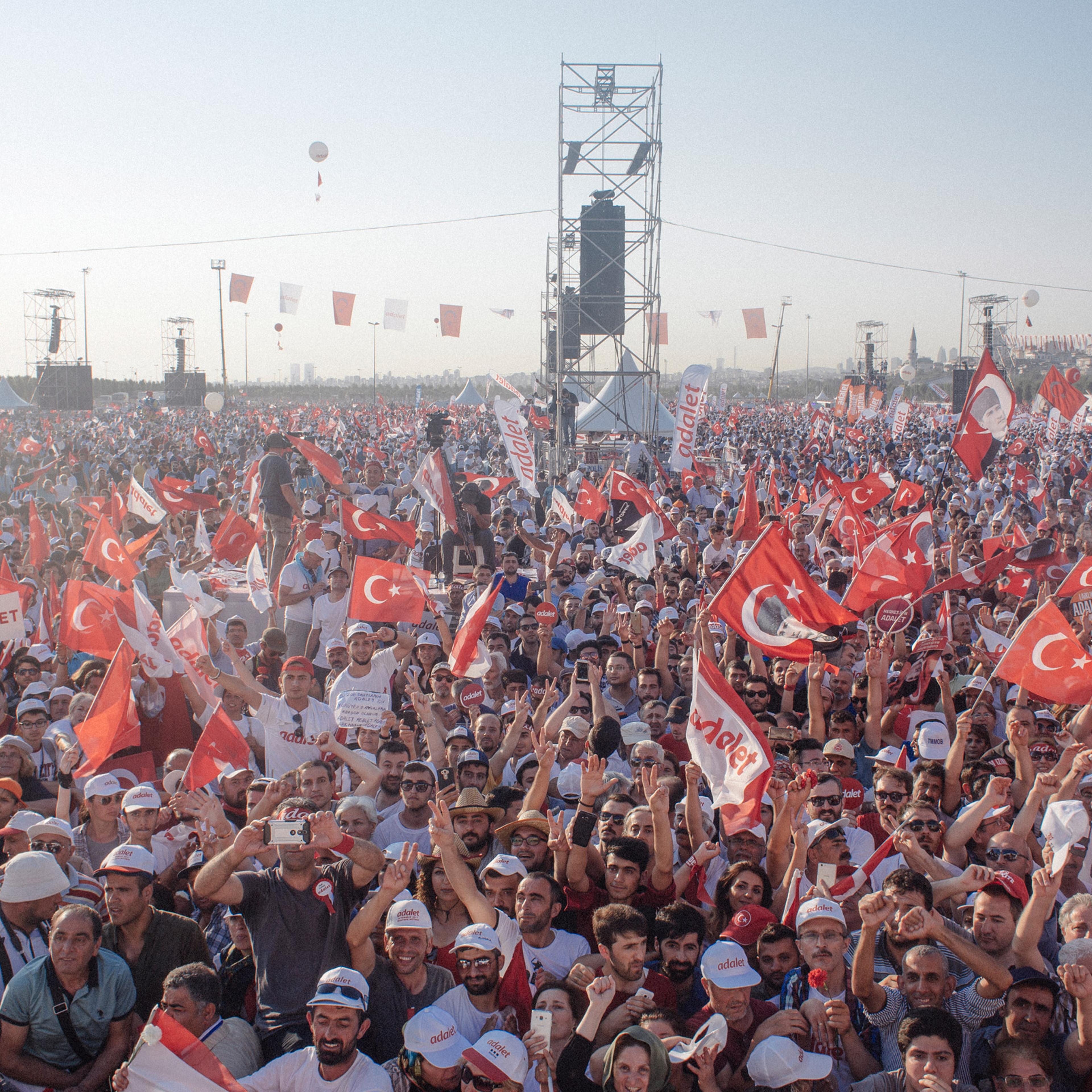 A massive crowd listens as the leader of Turkey’s mainstream opposition, Kemal Kilicdaroglu, issued a thunderous demand in Istanbul on July 9, 2017, for an end to an ongoing government crackdown under President Recep Tayyip Erdogan.