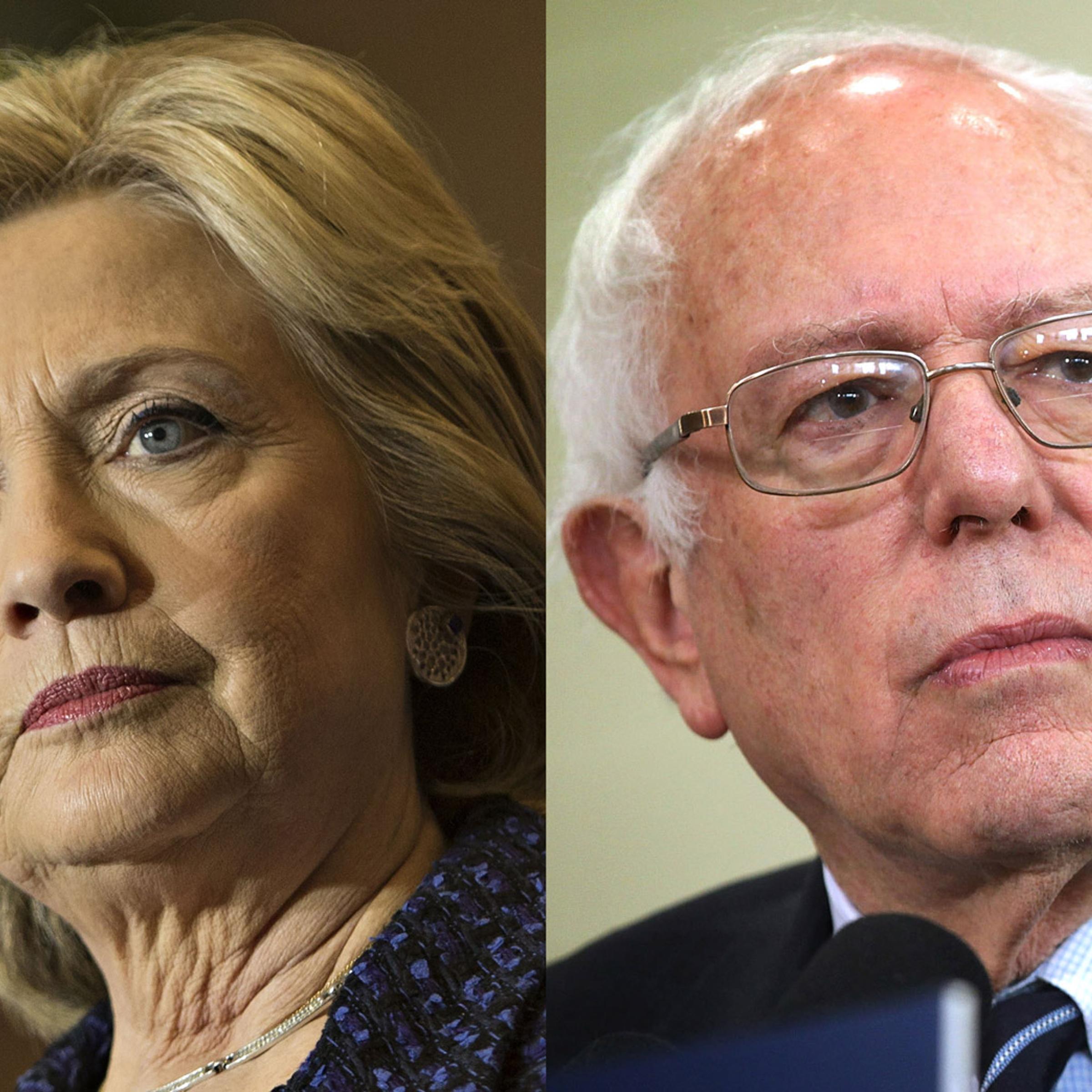Hillary Clinton in Iowa City, IO on Jan. 21, 2016 (L); Bernie Sanders in Mount Pleasant, IO on Jan. 29, 2016.