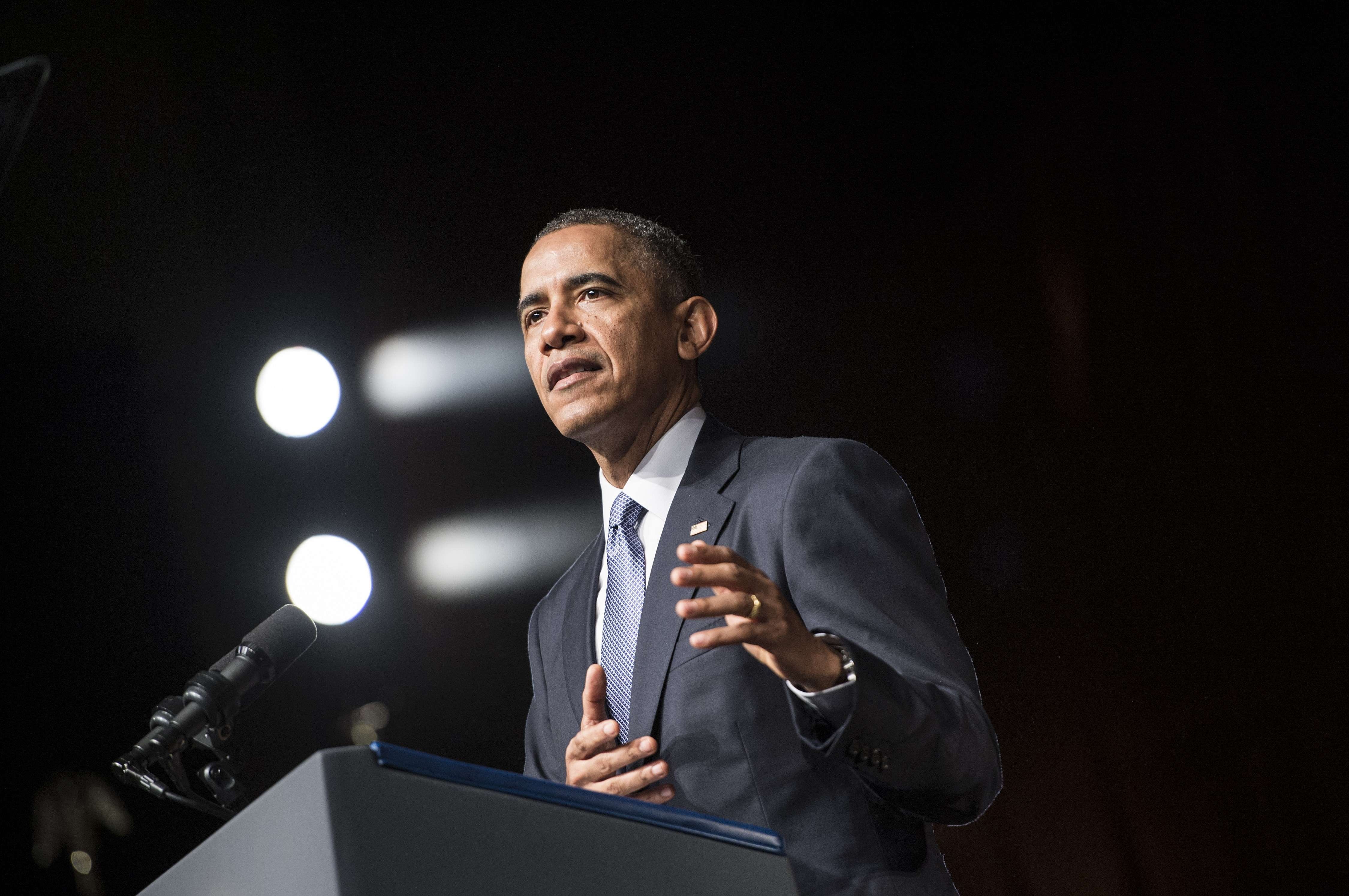 President Barack Obama speaks at the Lyndon B. Johnson Presidential Library April 10, 2014 in Austin, Texas.