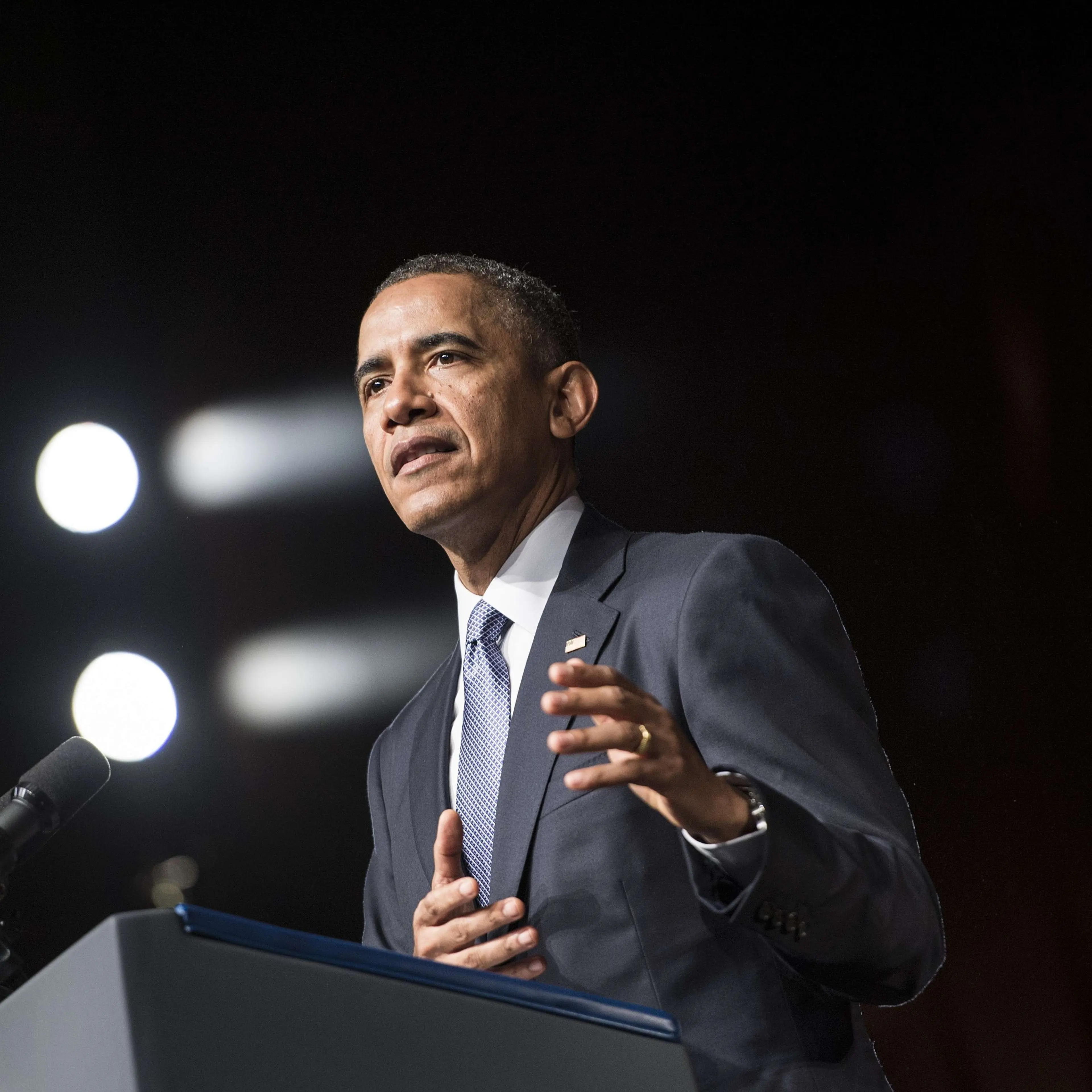 President Barack Obama speaks at the Lyndon B. Johnson Presidential Library April 10, 2014 in Austin, Texas.