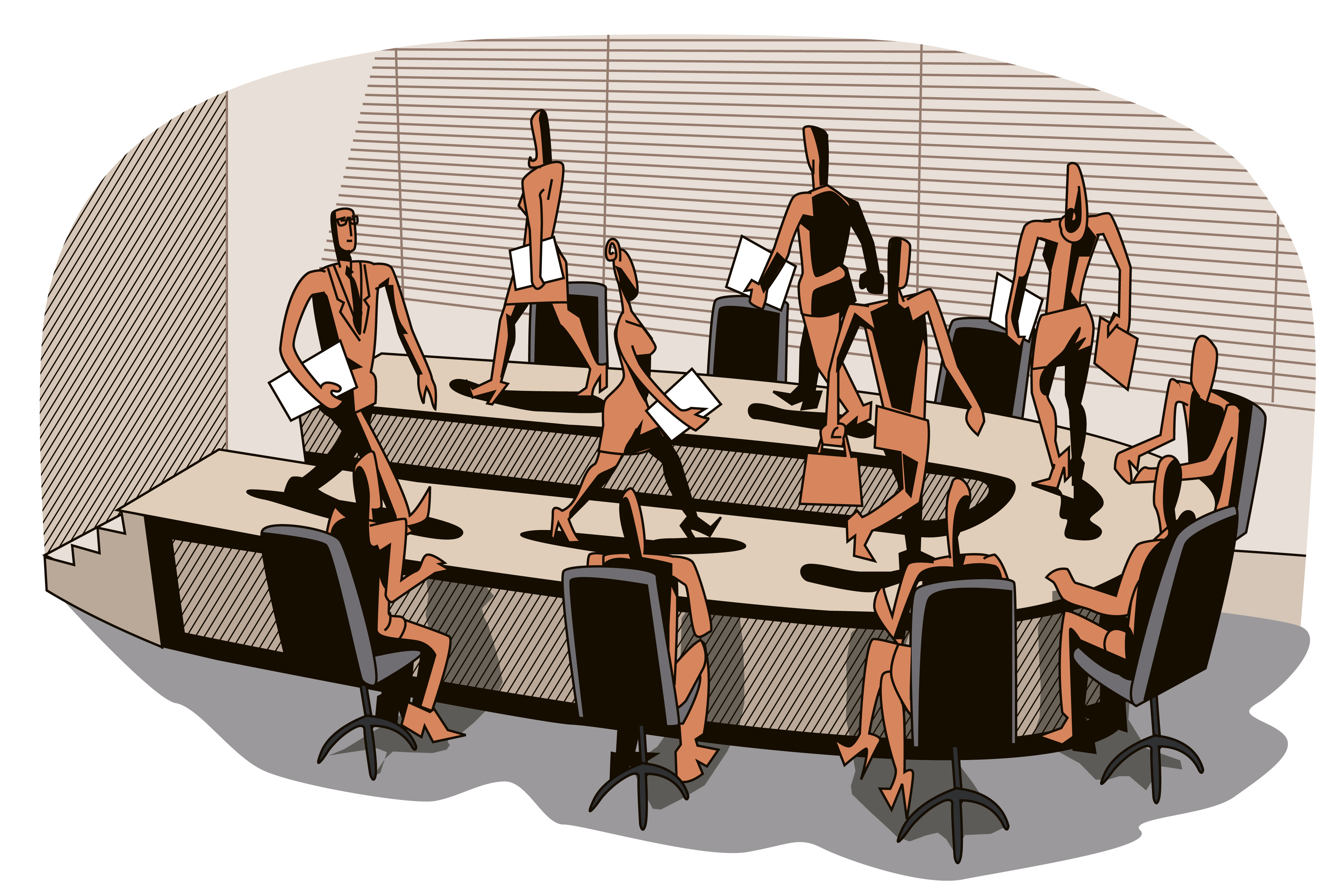 business people walking on the meeting table as if on a podium
