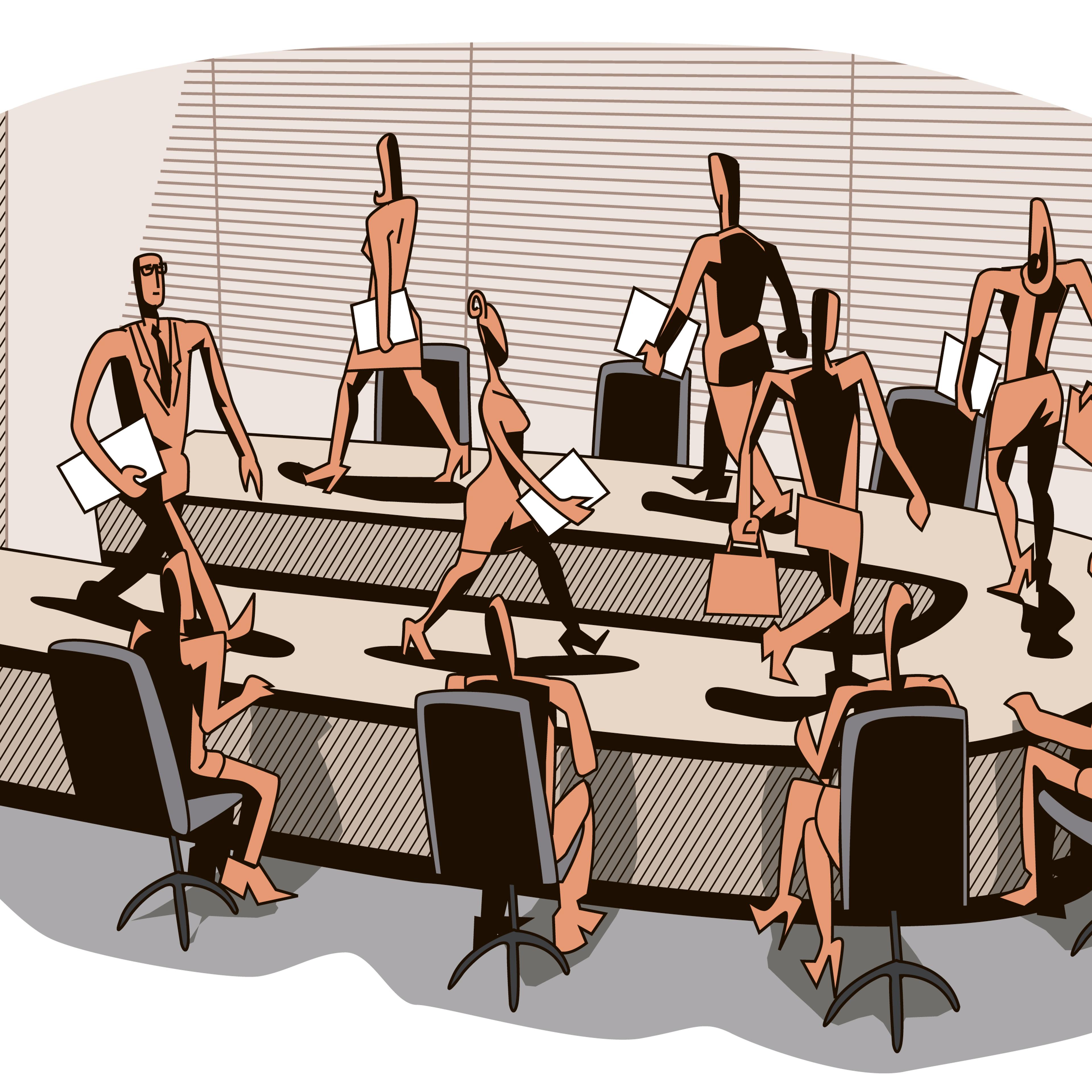 business people walking on the meeting table as if on a podium
