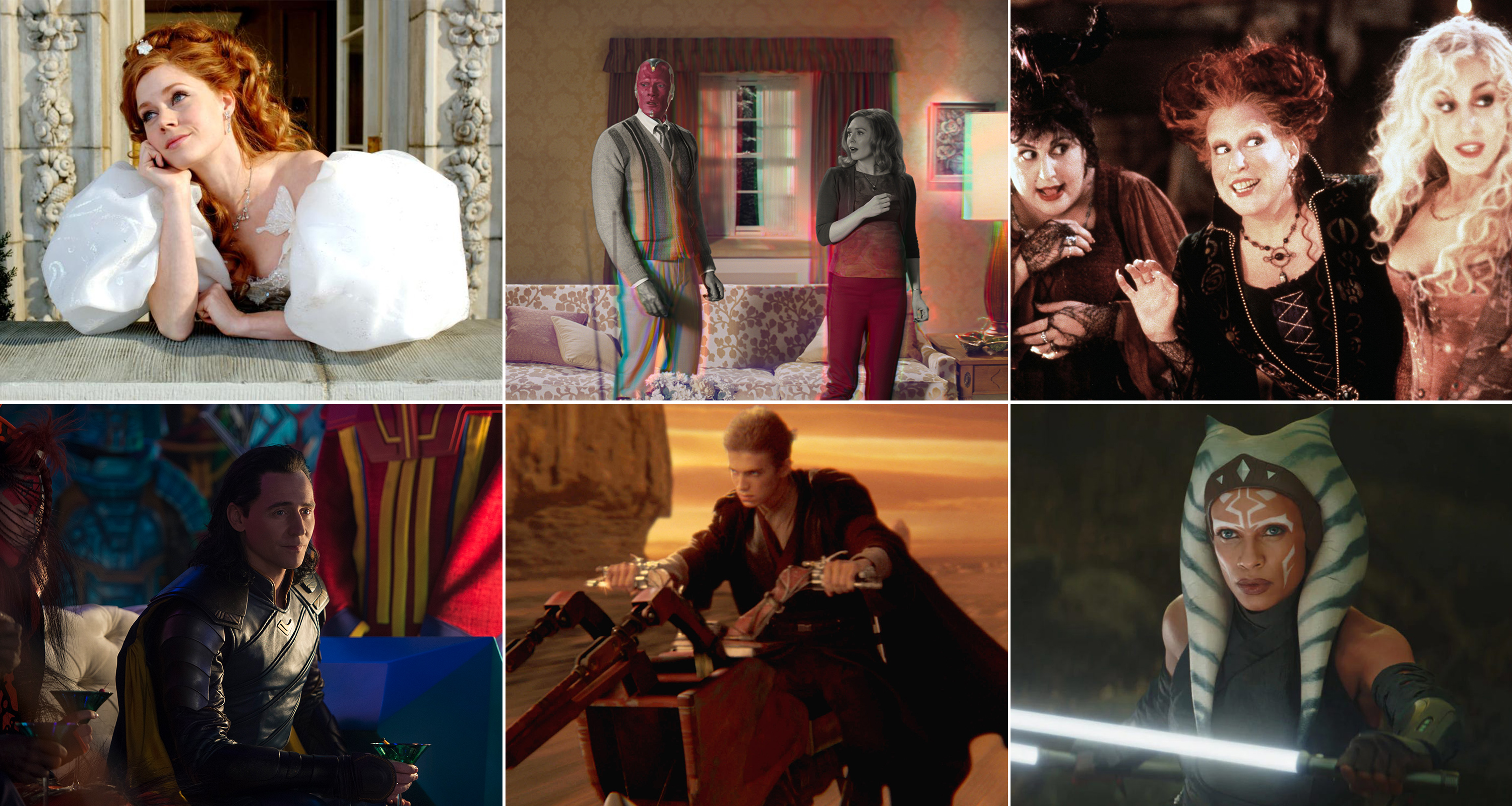 From top left: Amy Adams in Enchanted; Paul Bettany and Elizabeth Olsen in WandaVision; Kathy Najimy, Bette Midler, and Sarah Jessica Parker in Hocus Pocus; Tom Hiddleston in Loki; Hayden Christensen in Star Wars Episode II: Attack of the Clones; Rosario Dawson as Ahsoka Tano in The Mandalorian