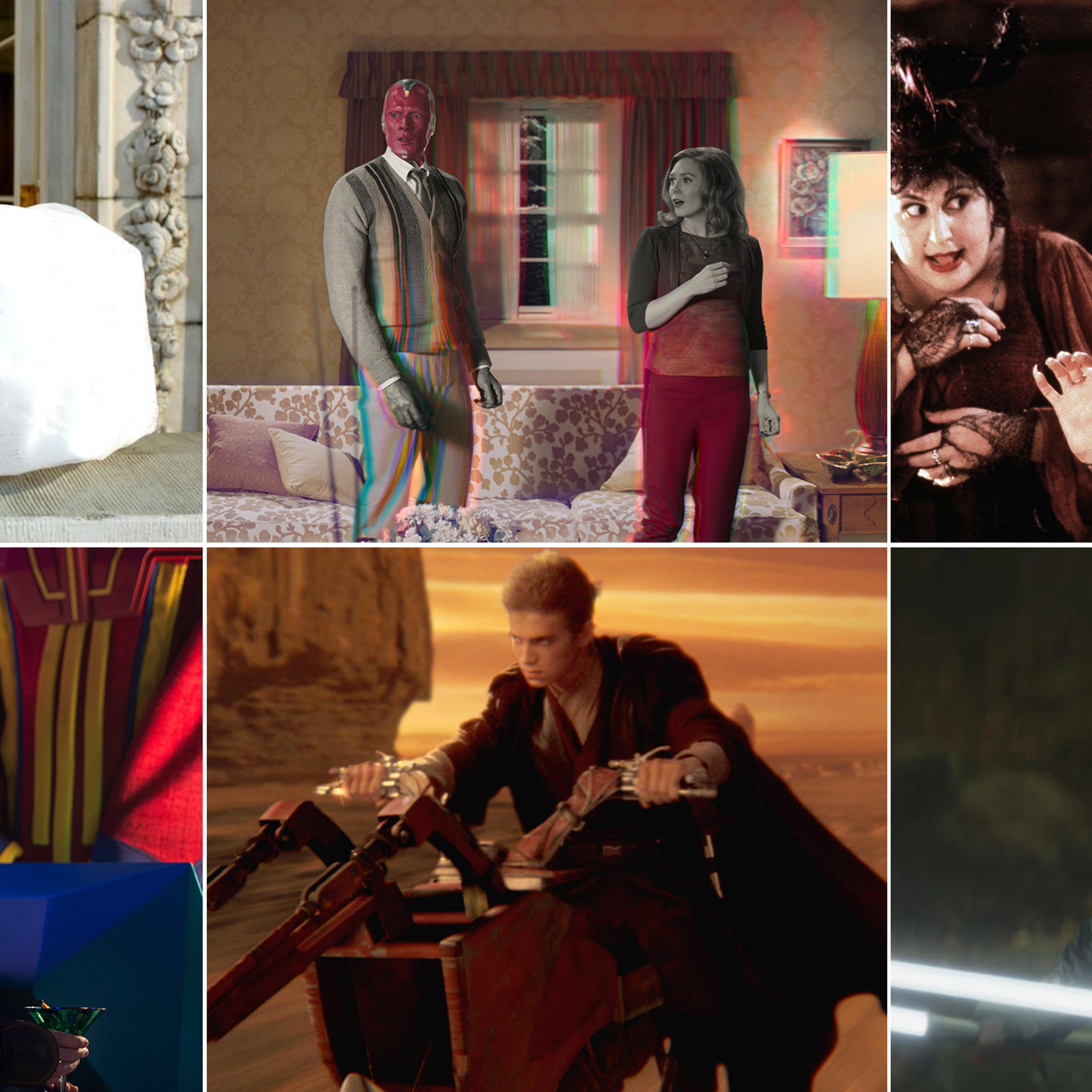 From top left: Amy Adams in Enchanted; Paul Bettany and Elizabeth Olsen in WandaVision; Kathy Najimy, Bette Midler, and Sarah Jessica Parker in Hocus Pocus; Tom Hiddleston in Loki; Hayden Christensen in Star Wars Episode II: Attack of the Clones; Rosario Dawson as Ahsoka Tano in The Mandalorian