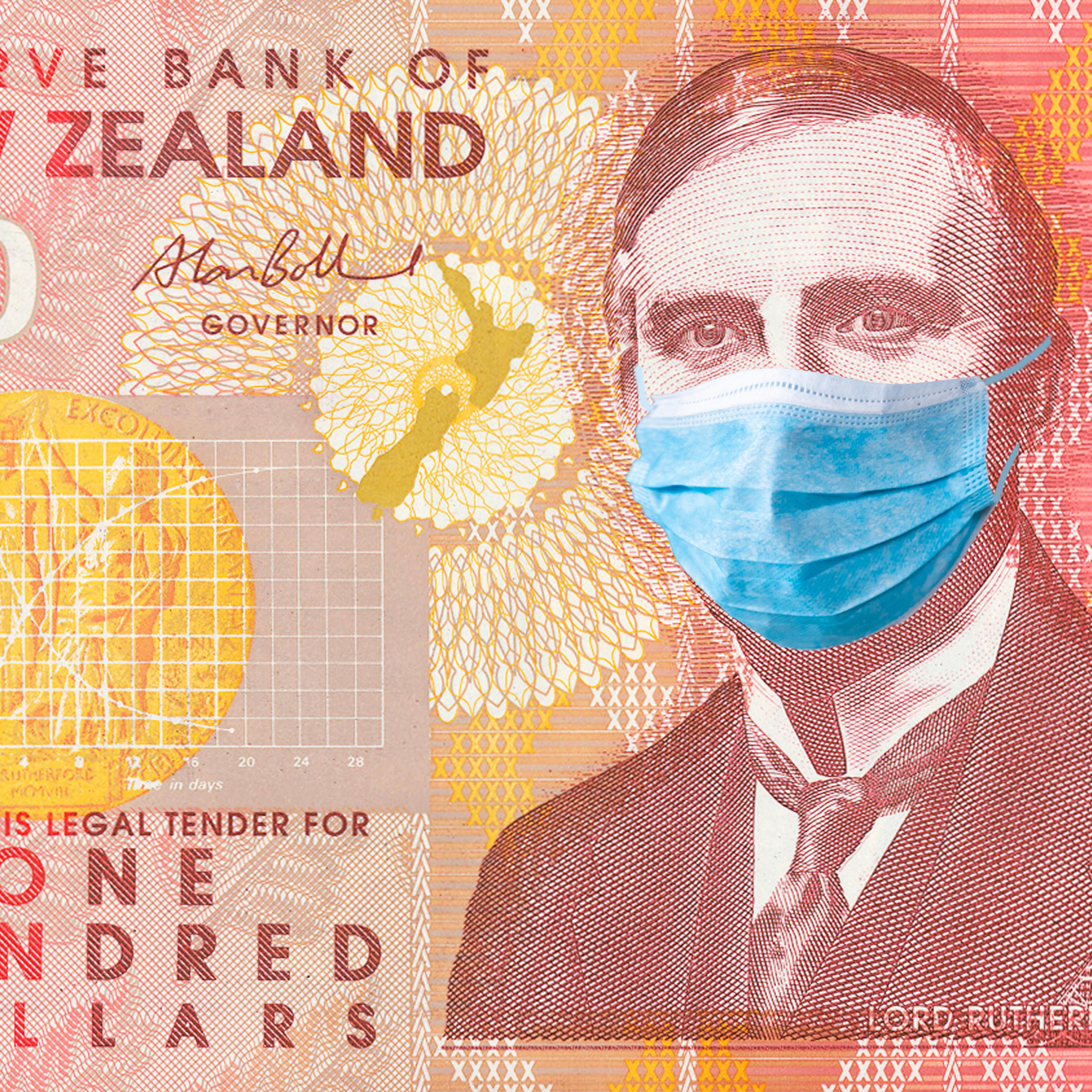 New Zealand quarantine, 100 dollar banknote with medical mask. The concept of epidemic and protection against coronavrius.