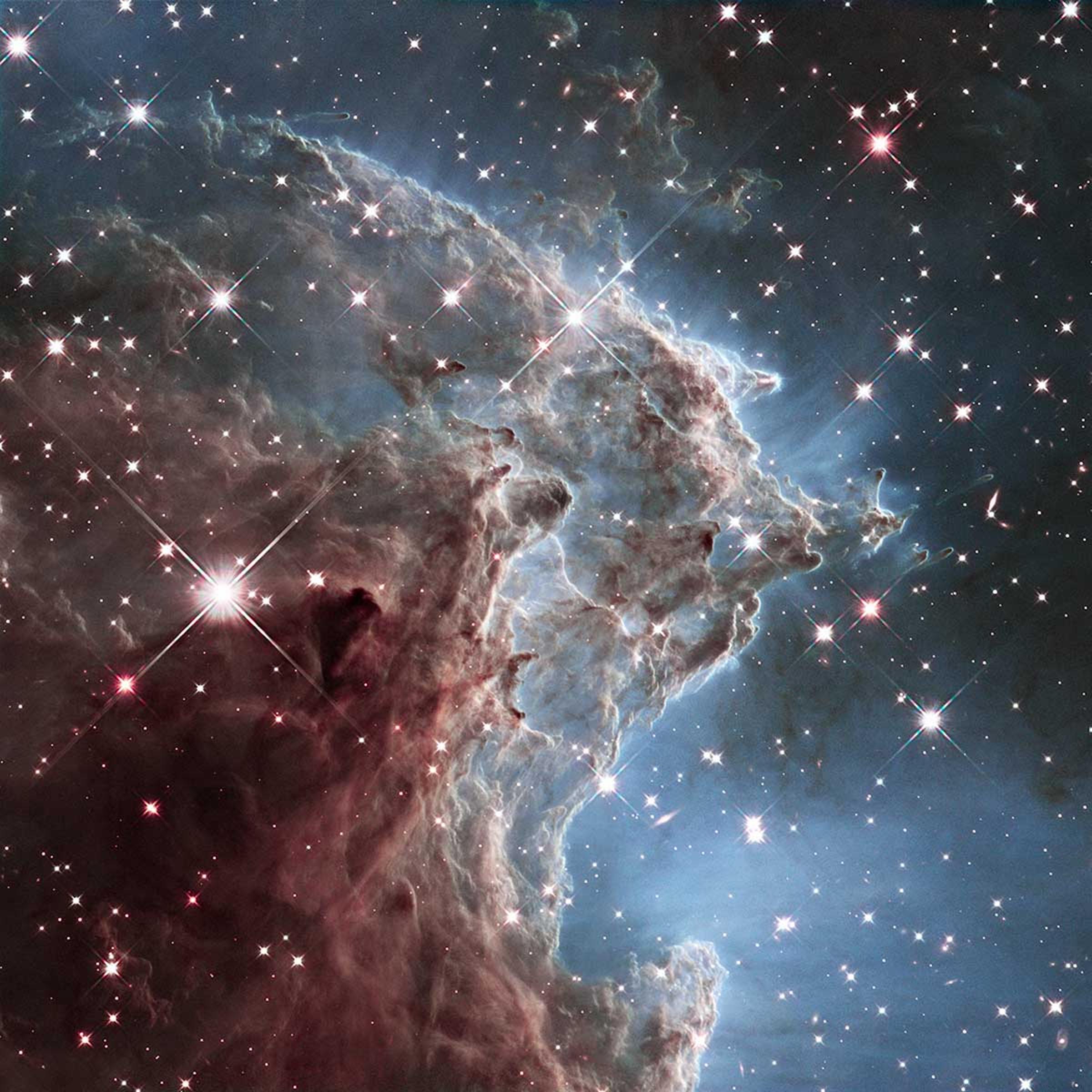 An infrared image of a small portion of the Monkey Head Nebula (also known as NGC 2174 and Sharpless Sh2-252) captured by the Hubble telescope, released on March 17, 2014. The nebula is a star-forming region that hosts dusky dust clouds silhouetted again