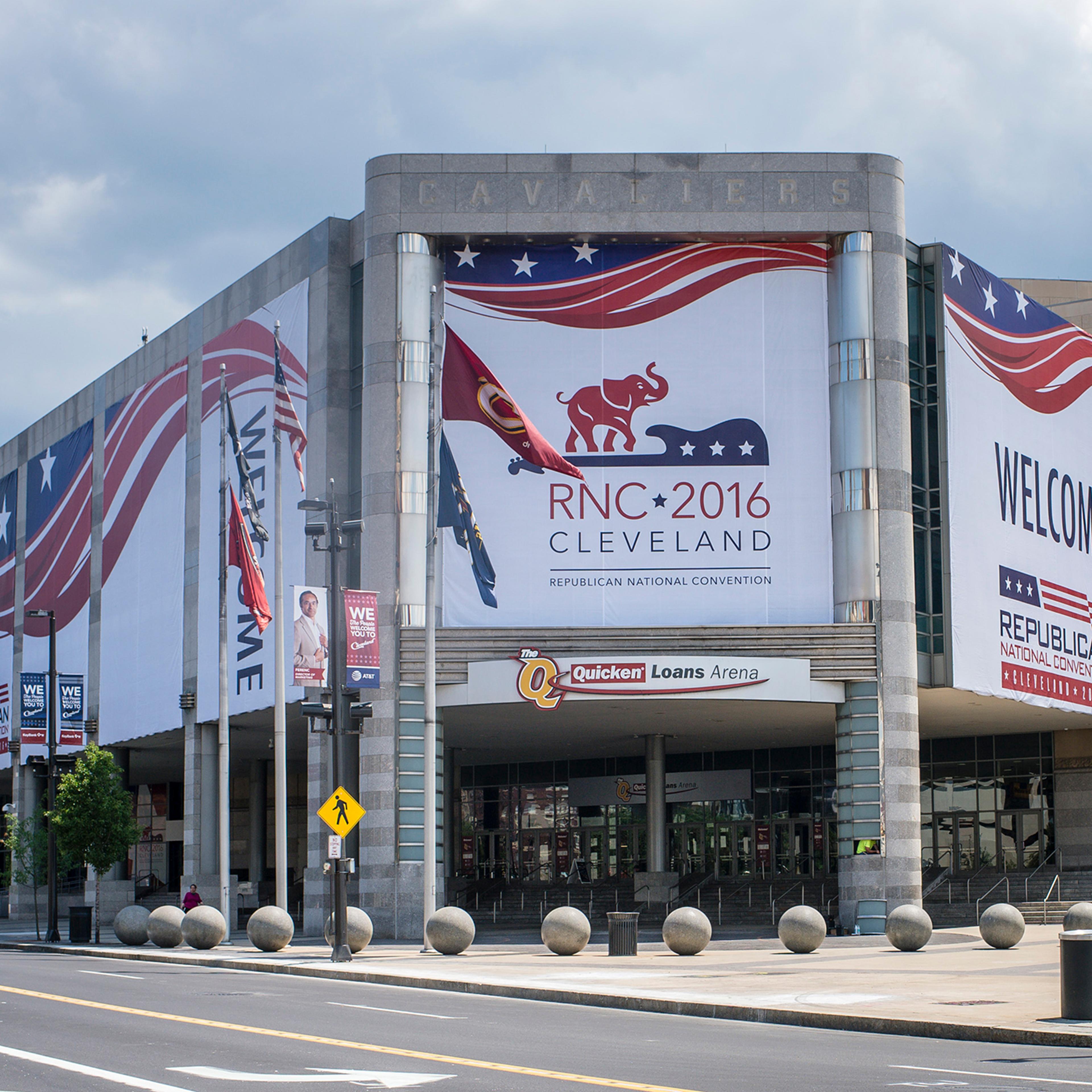 Quicken Loans Arena is decorated to welcome the Republican National Convention on July 11, 2016 in Cleveland, Ohio. The convention will be held at the arena July 18-21, 2016.