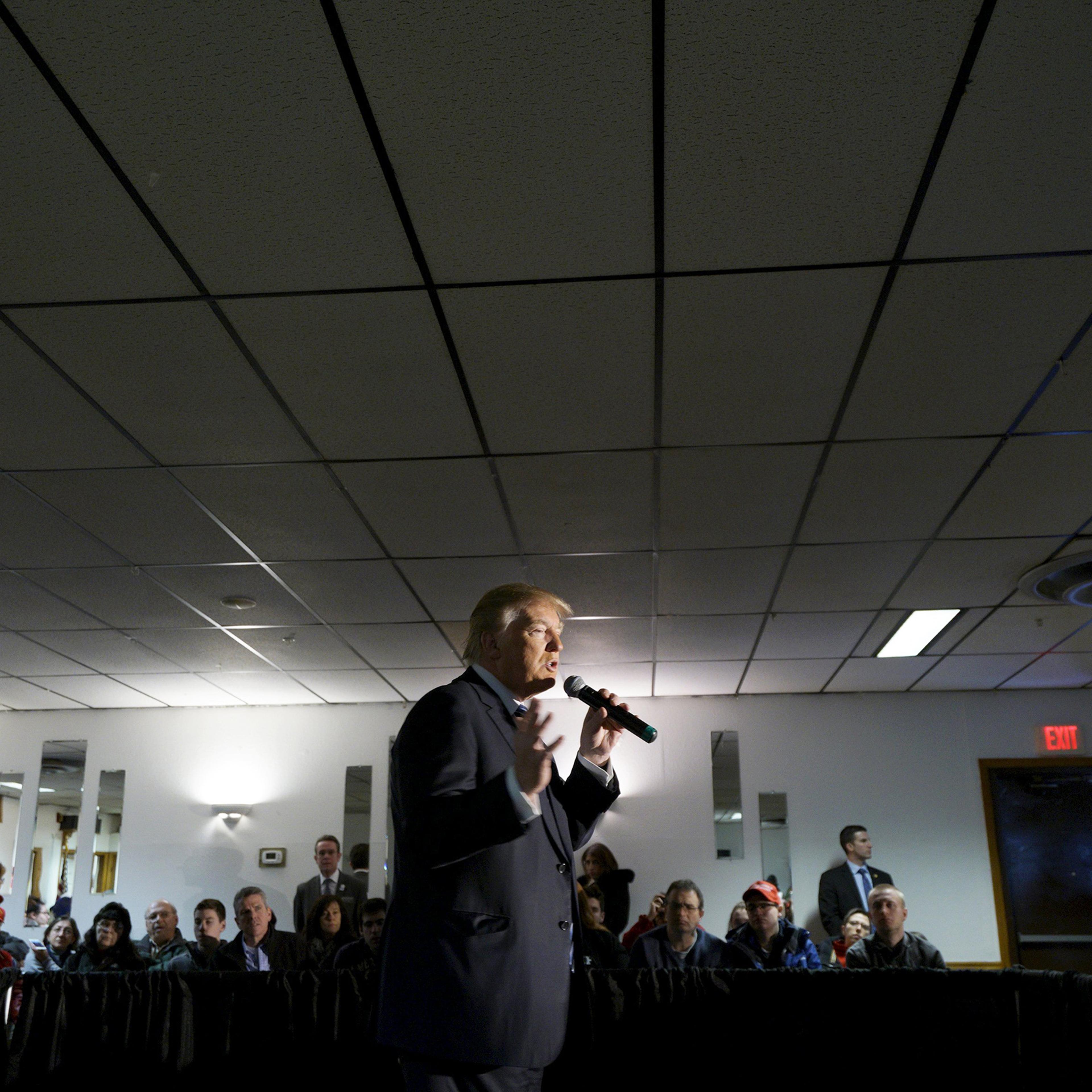 U.S. Republican presidential candidate Donald Trump speaks at an Elks Lodge in Salem, NH on Feb. 8, 2016.
