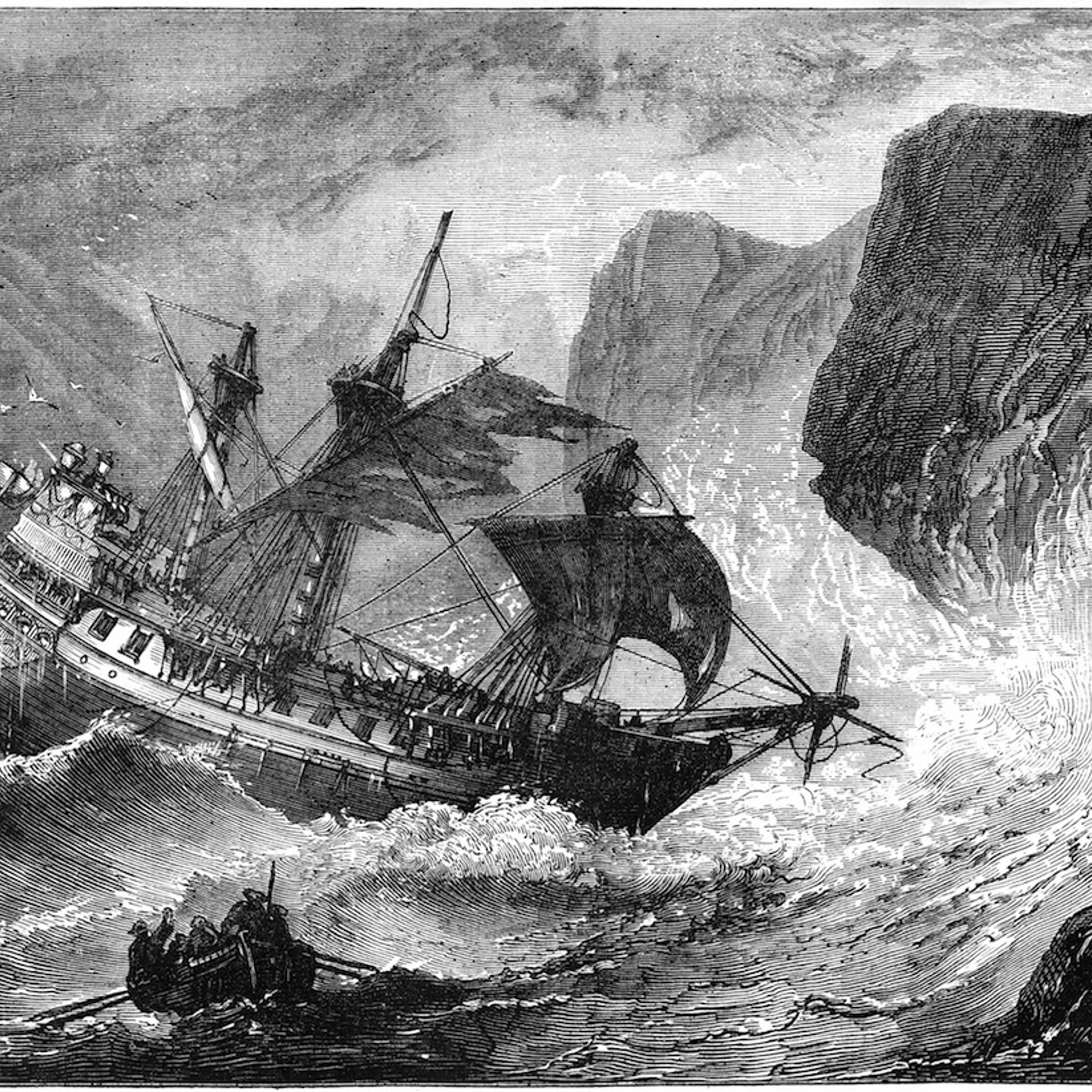 Admiral Somers runs his ship ashore, Bermuda, 1609 (c1880).