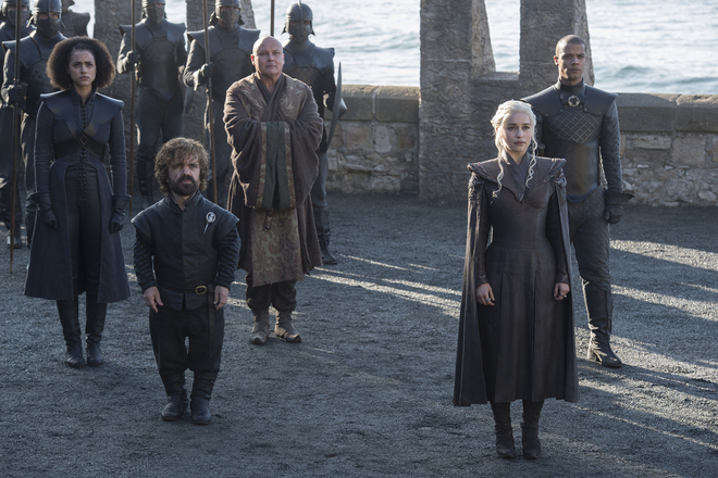 Nathalie Emmanuel, Peter Dinklage, Conleth Hill, Emilia Clarke and Jacob Anderson in Game of Thrones
