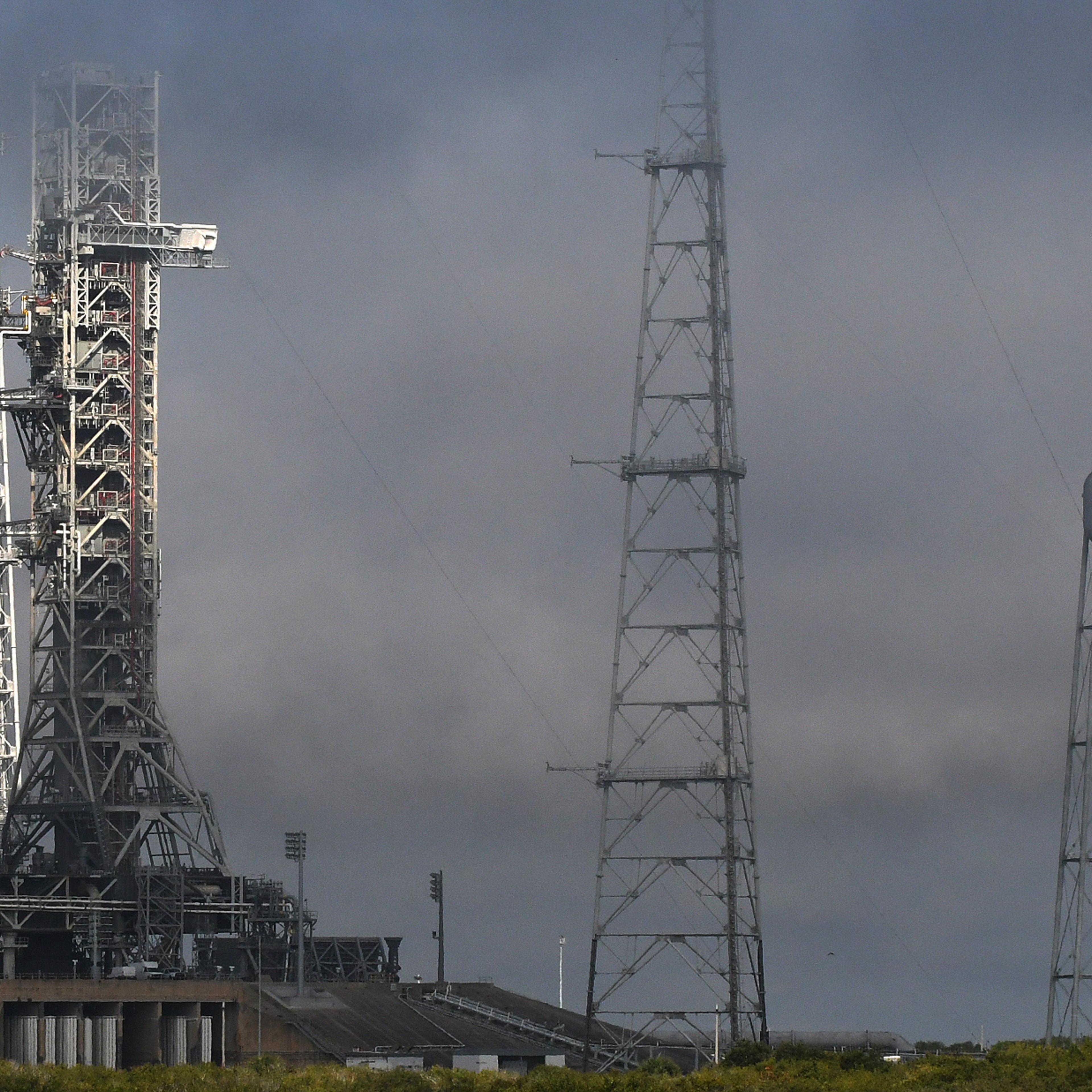 The SLS moon rocket topped by the Orion spacecraft stands at launch complex 39B following an overnight rollout from the Vehicle Assembly Building at the Kennedy Space Center in Cape Canaveral, Fla. on March 18, 2022.