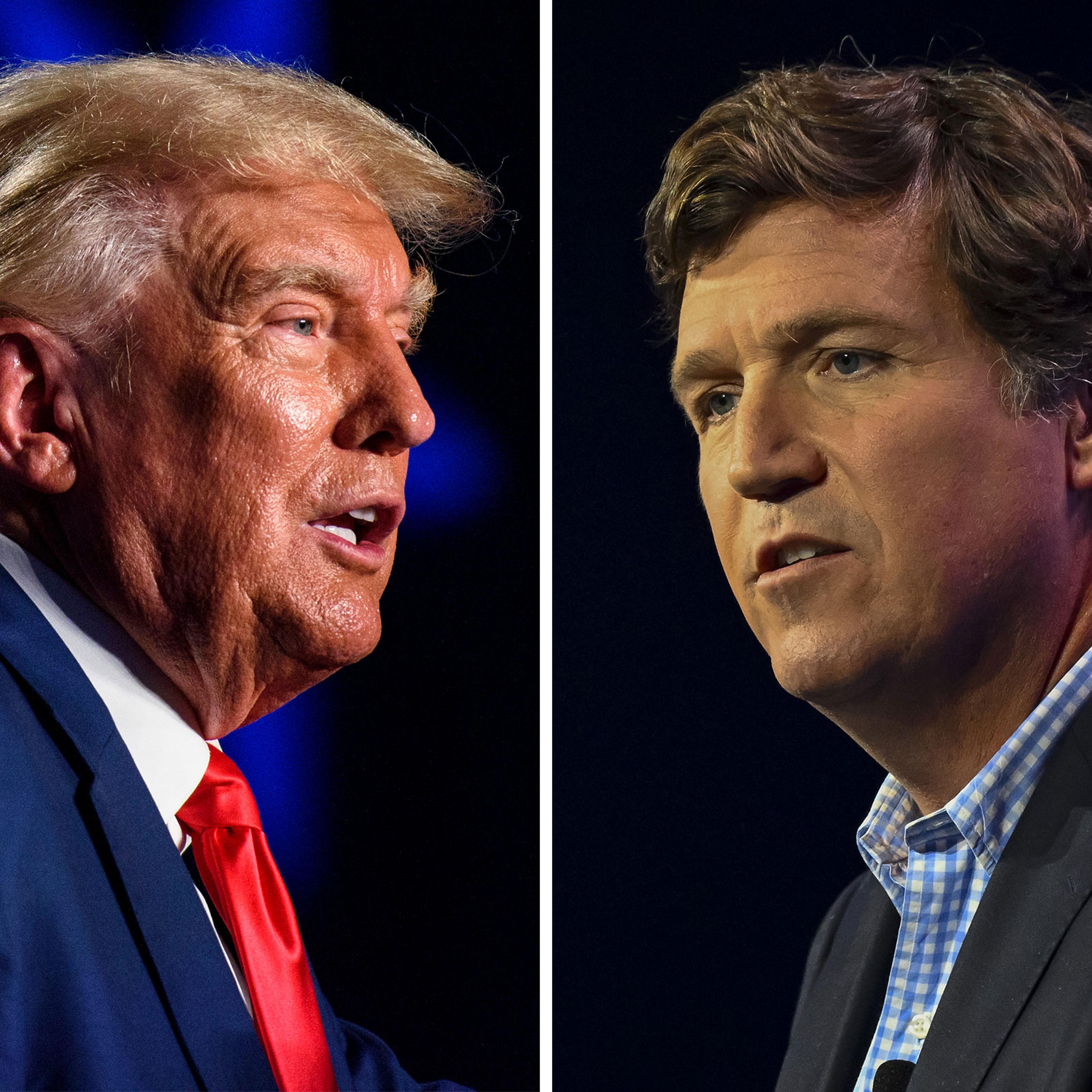 A split image showing Former President Donald Trump and Television personality Tucker Carlson