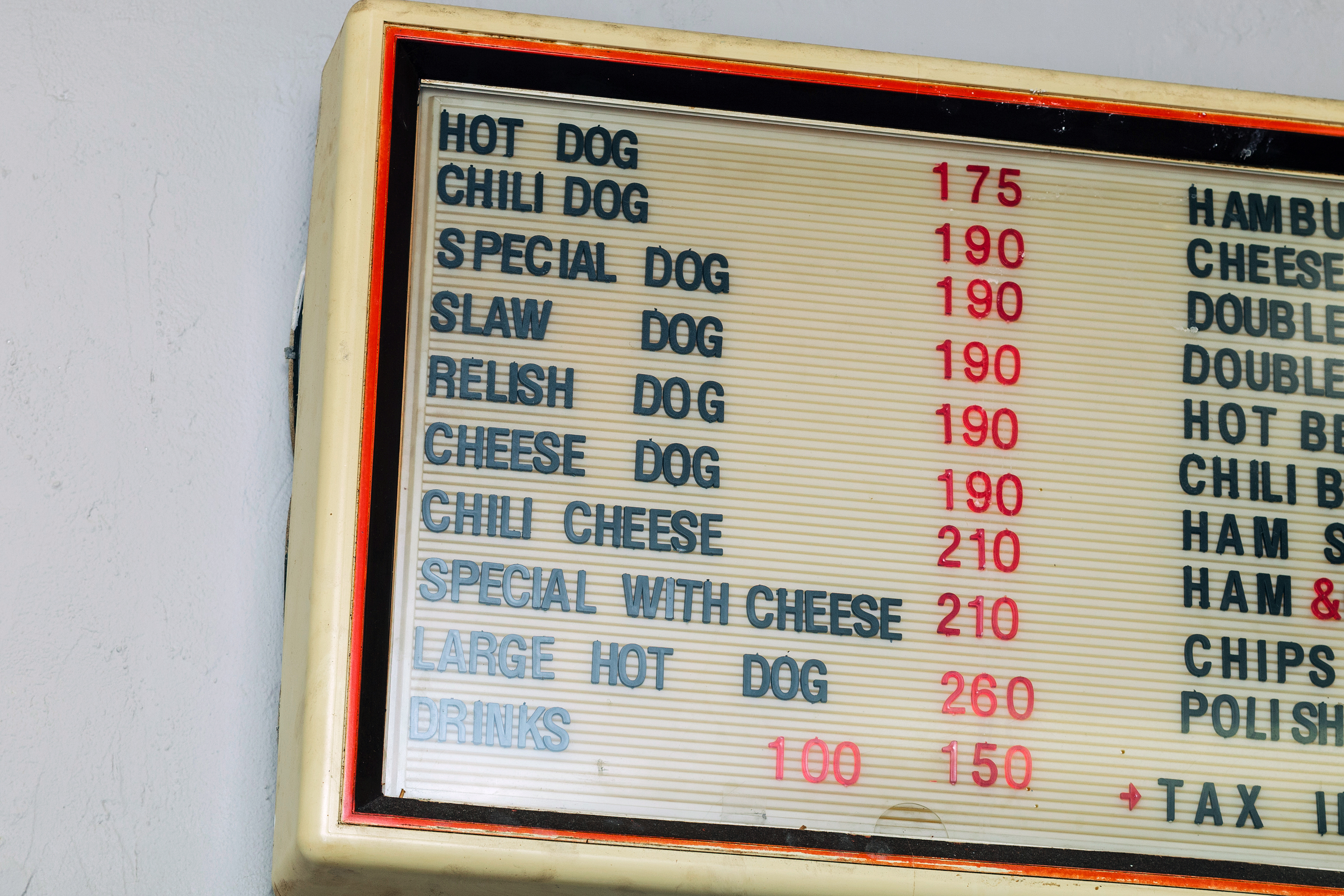 Menu display at Gus's Hot Dogs in Birmingham, Ala.
