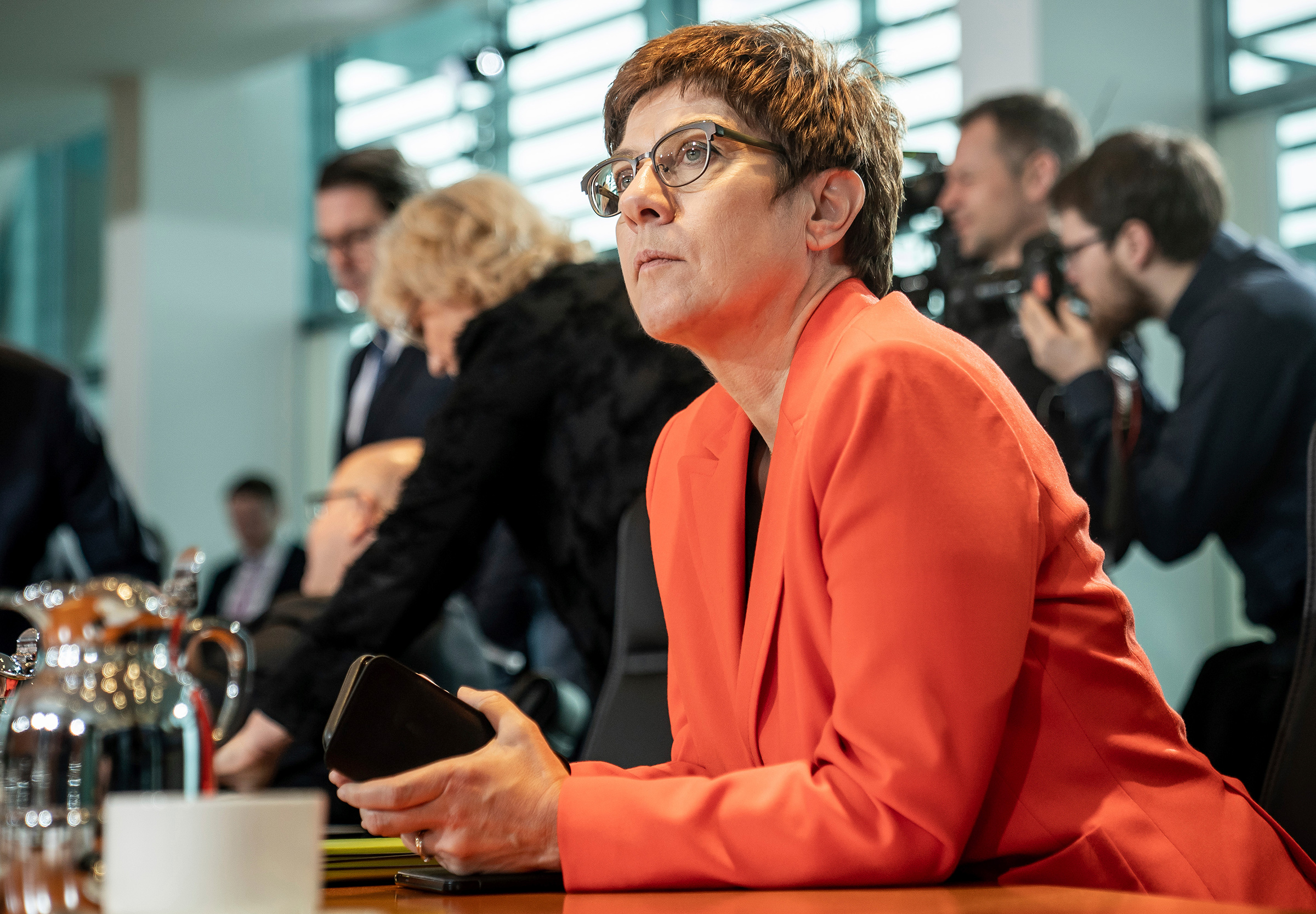 Feb. 19, Berlin: Annegret Kramp-Karrenbauer (CDU), Federal Minister of Defence, is waiting for the start of the weekly cabinet meeting in the Chancellery. Among other things, the federal government wants to pass the bill for a basic pension for low earne