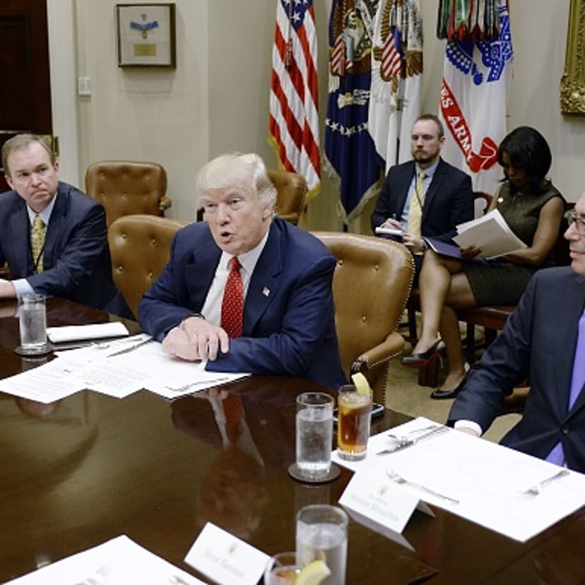 U.S. President Donald Trump discusses the federal budget as Treasury Secretary Steve Mnuchin (R) looks on in the Roosevelt Room of the White House on February 22, 2017 in Washington, DC.