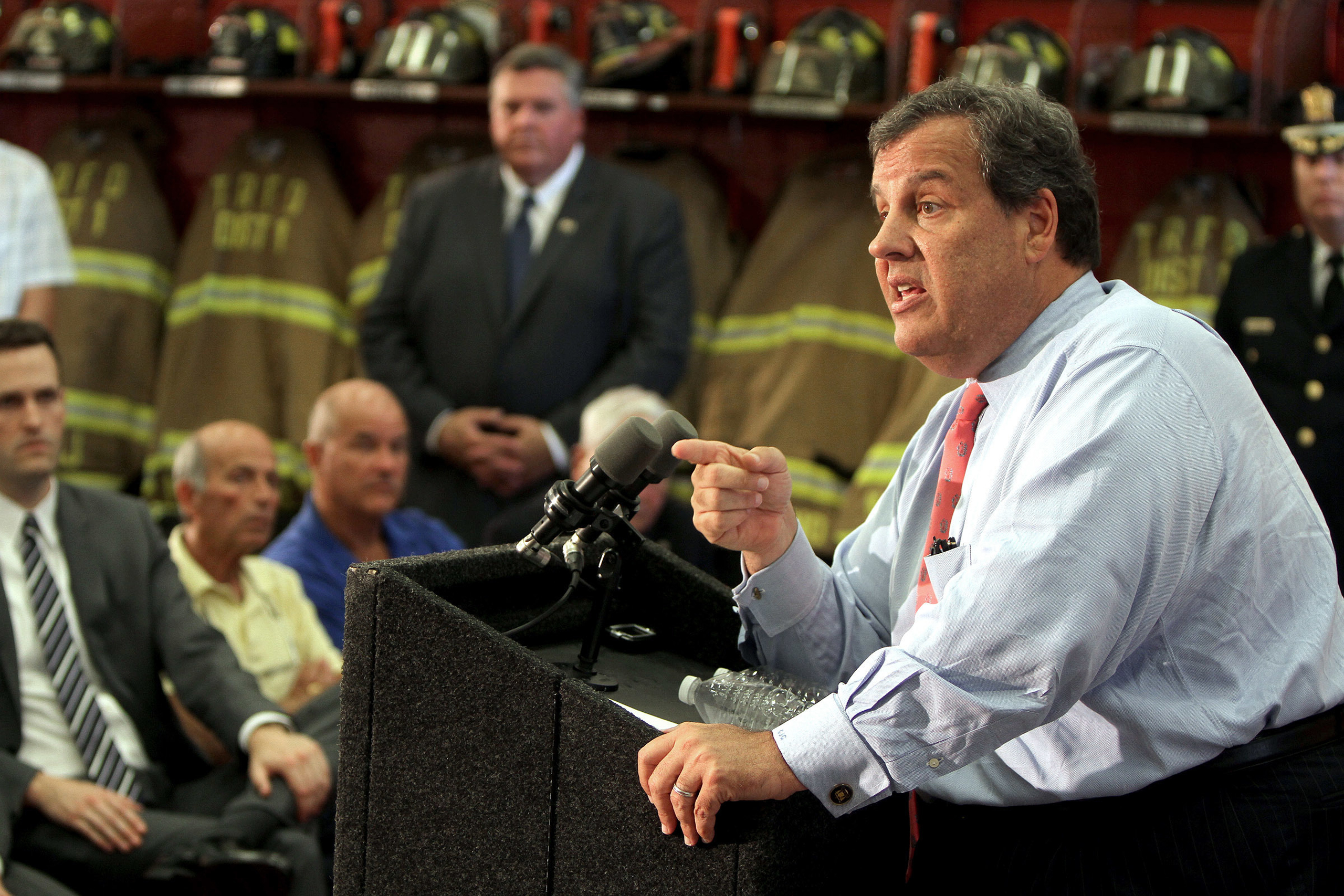 New Jersey Gov. Chris Christie speaks at the East Dover Firehouse in Toms River, N.J, Friday, Aug. 26, 2016. He announced the availability of additional federal disaster aid for superstorm Sandy recovery that is expected to benefit the township's municip