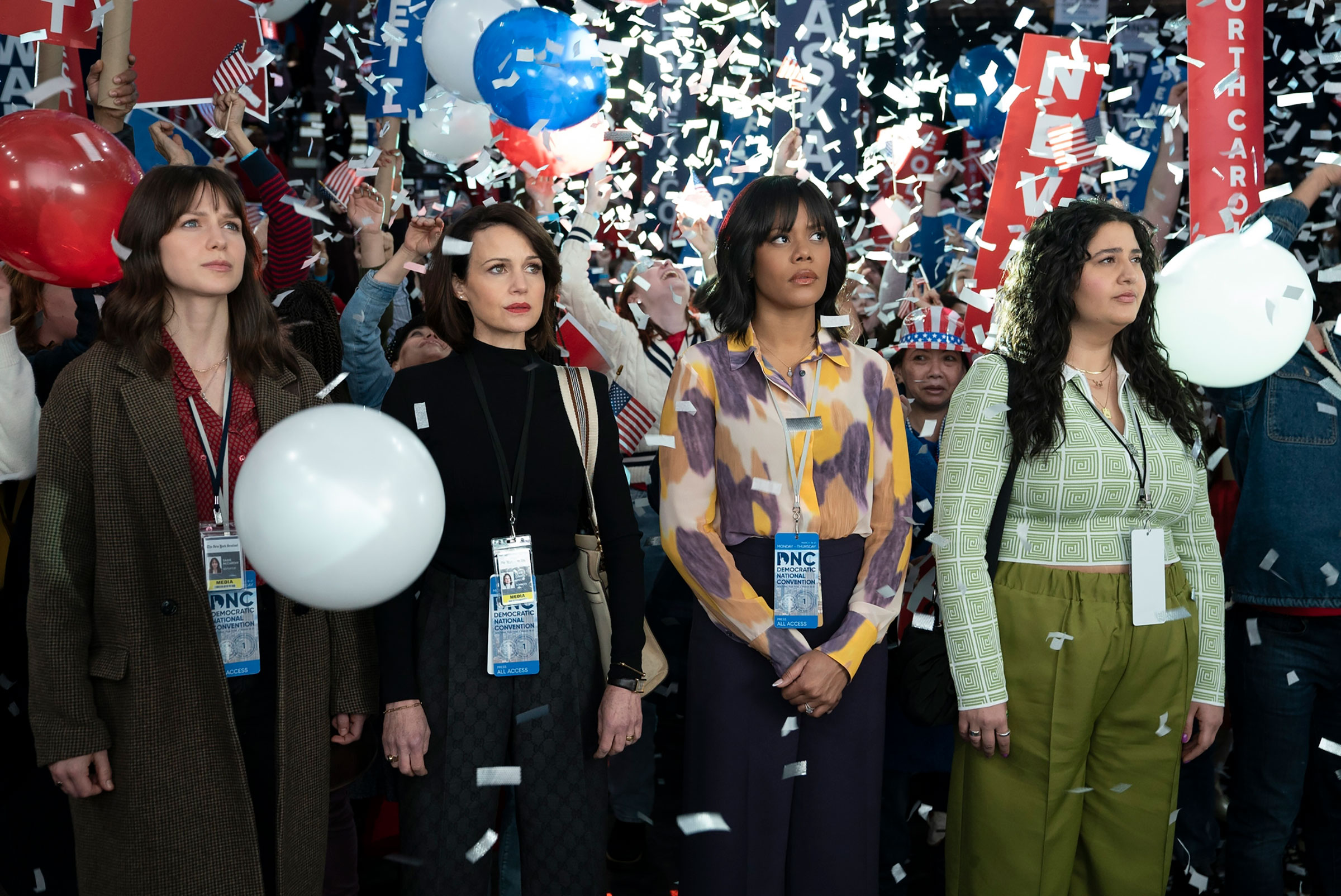 From left: Melissa Benoist, Carla Gugino, Christina Elmore, and Natasha Behnam in <i>The Girls on the Bus</i>