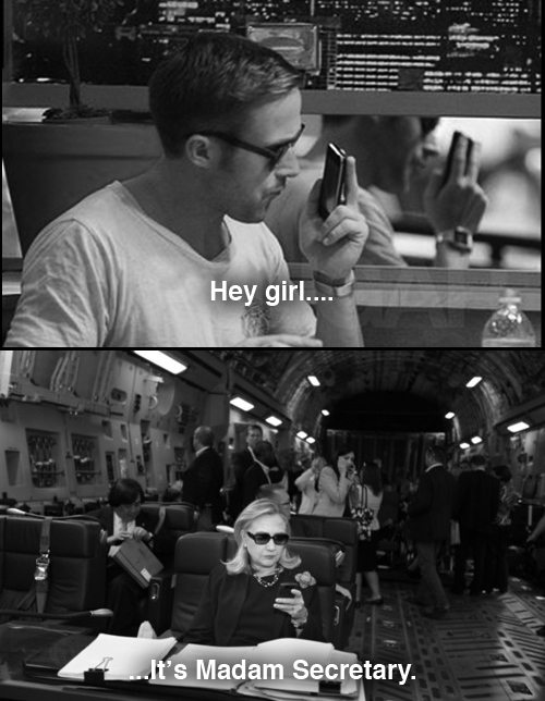 A set of images from the Tumblr <i>Texts From Hillary</i> that depicts actor Ryan Gosling texting with the Secretary of State, Hillary Clinton, posted on April 6, 2012