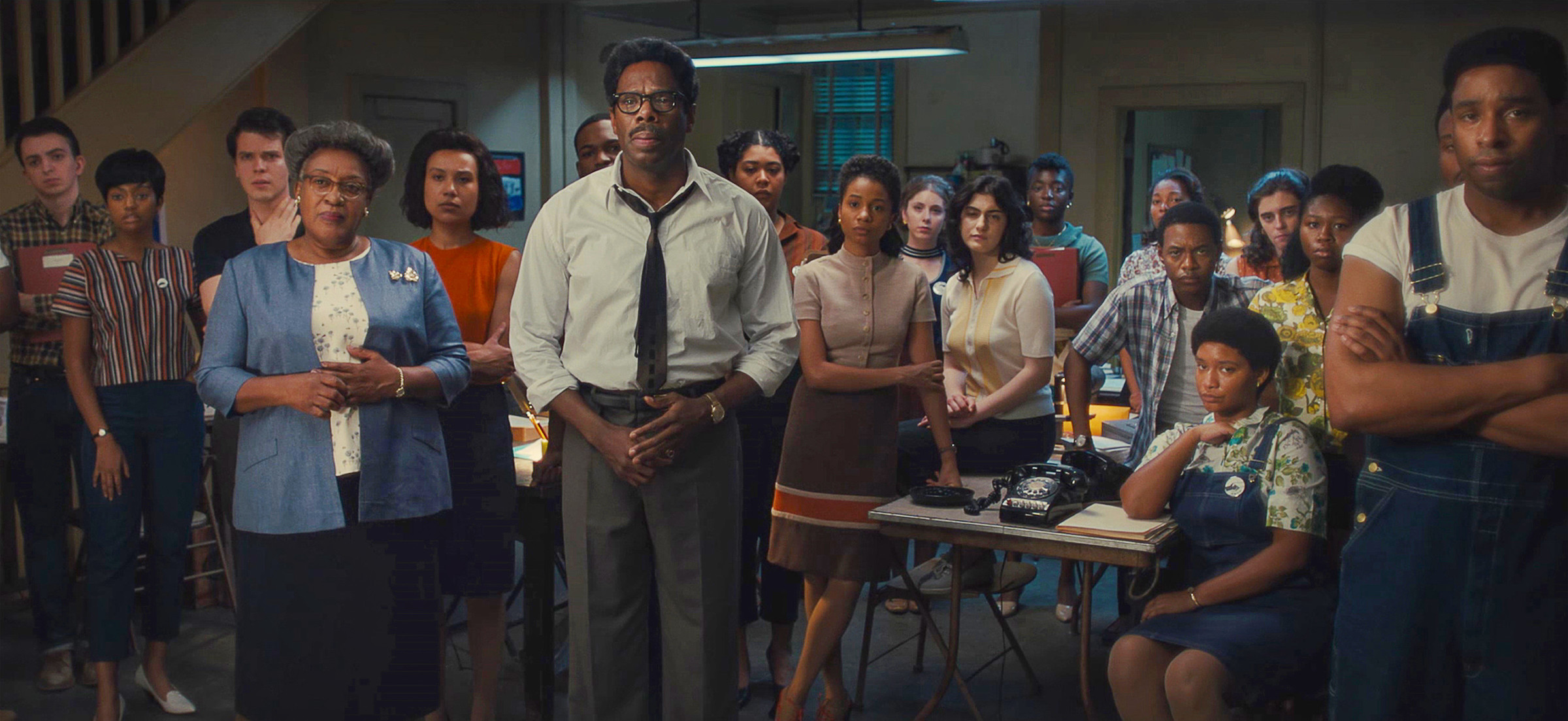 From left to right, Tom Kahn (Gus Halper), Dr. Anna Hedgeman (CCH Pounder), Bayard Rustin (Colman Domingo), Yvette (Melissa Rakiro), Eleanor Holmes Norton (Ayana Workman), Rachelle Horowitz (Lilli Kay), and Charlene (Jordan-Amanda Hall) as they organize the March on Washington.