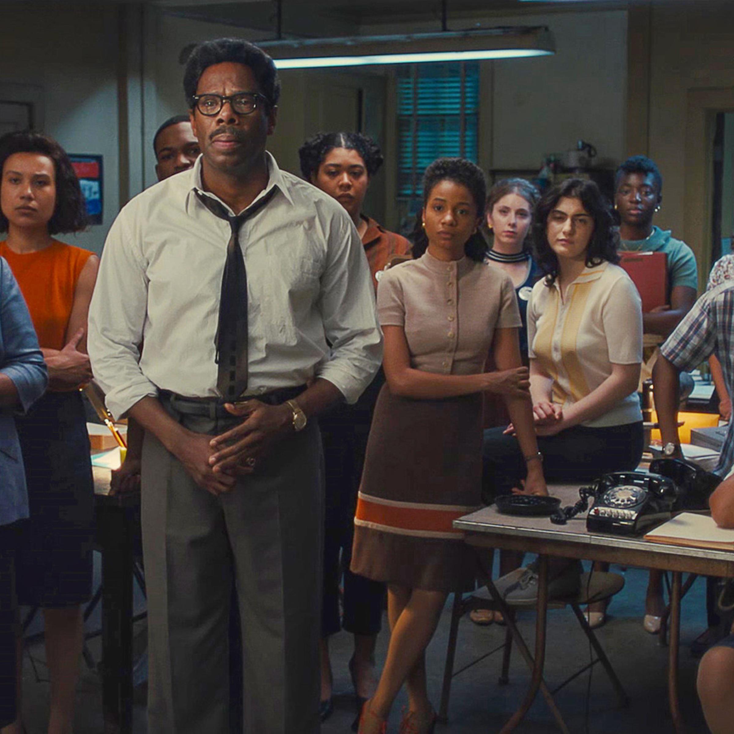 From left to right, Tom Kahn (Gus Halper), Dr. Anna Hedgeman (CCH Pounder), Bayard Rustin (Colman Domingo), Yvette (Melissa Rakiro), Eleanor Holmes Norton (Ayana Workman), Rachelle Horowitz (Lilli Kay), and Charlene (Jordan-Amanda Hall) as they organize the March on Washington.