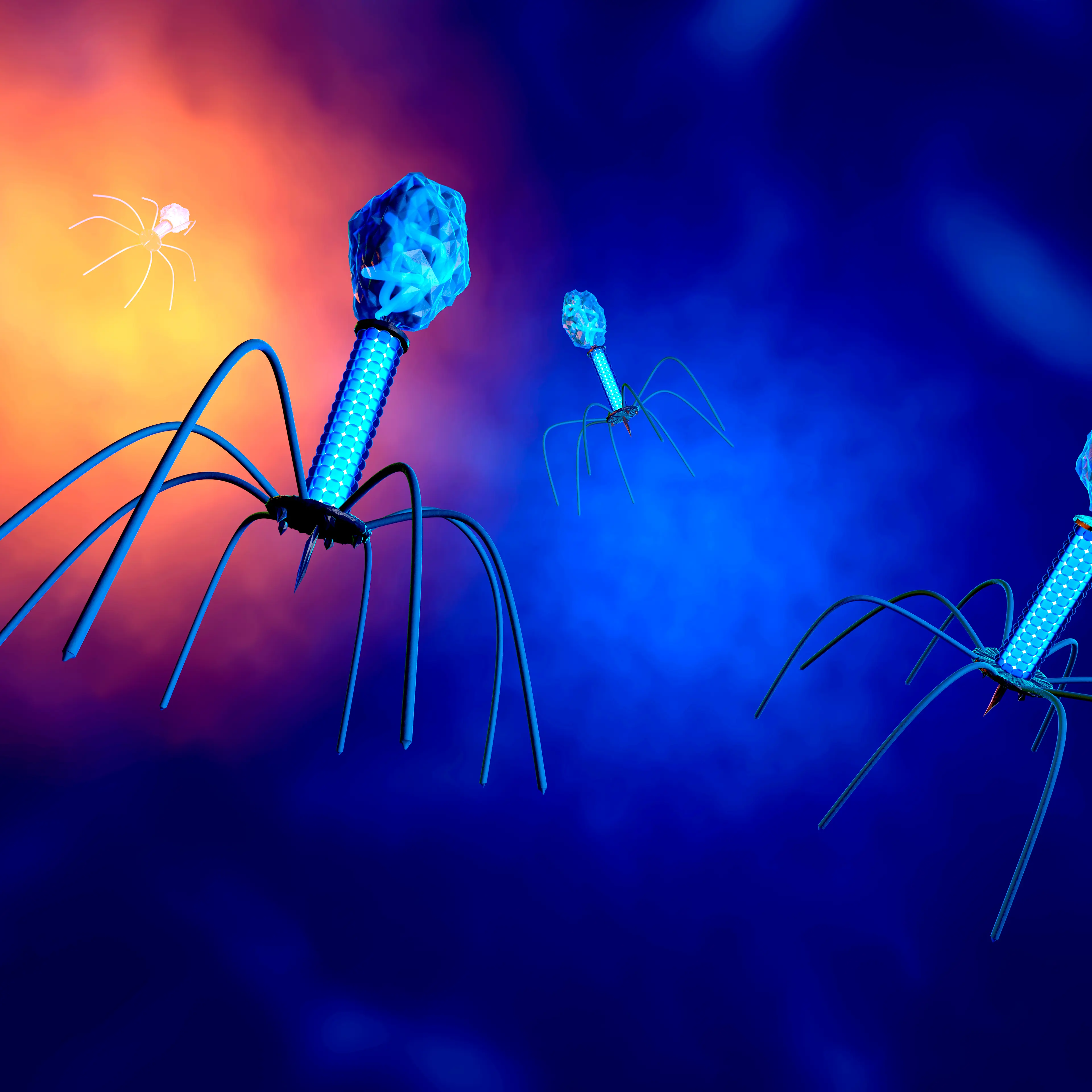 3D rendered Illustration of a anatomically correct convergence to a group of bacteriophage viruses