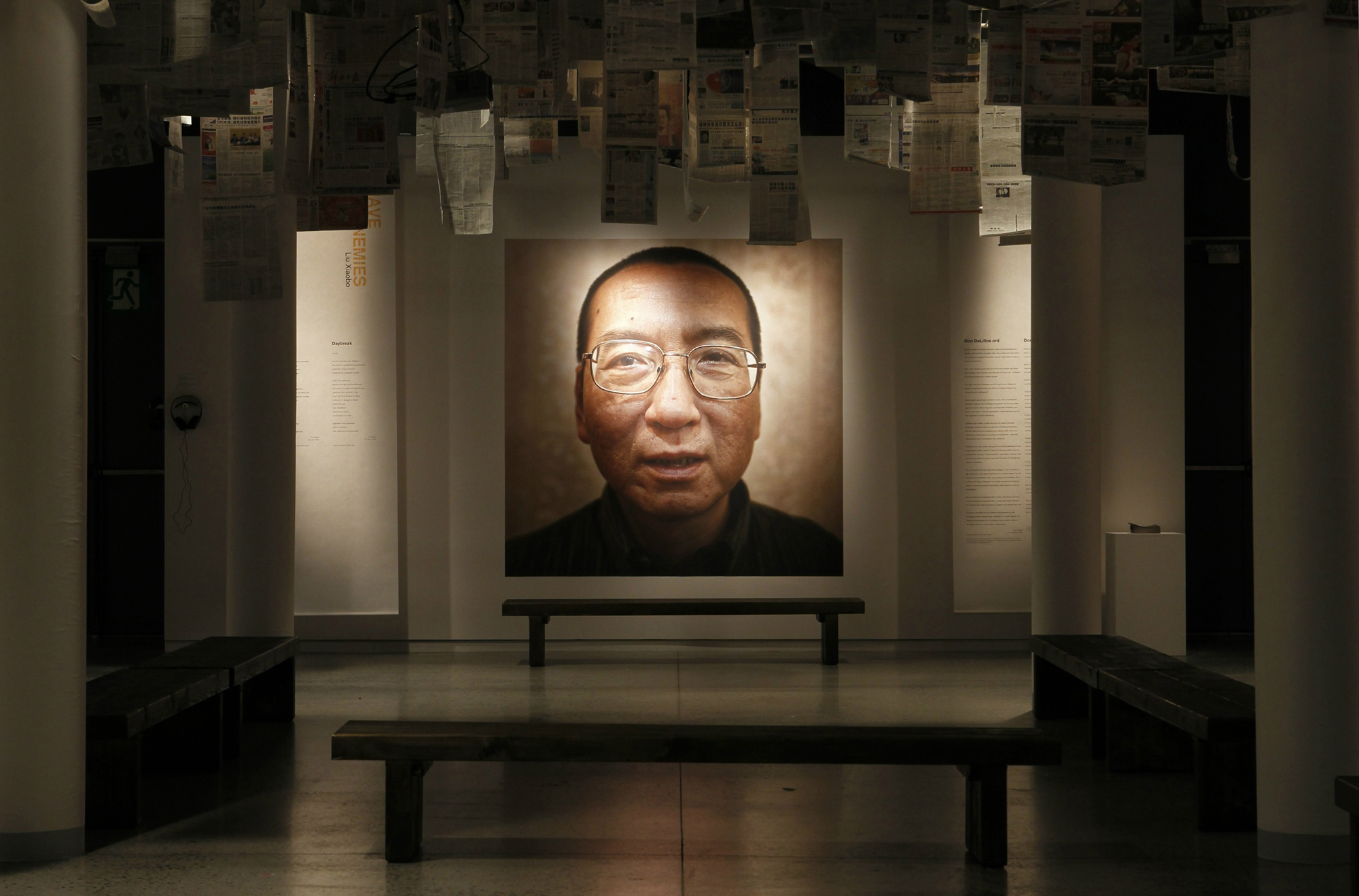 A picture of 2010 Nobel Peace Laureate Liu Xiaobo is seen at an exhibition at the Nobel Peace Center in Oslo in 2010.