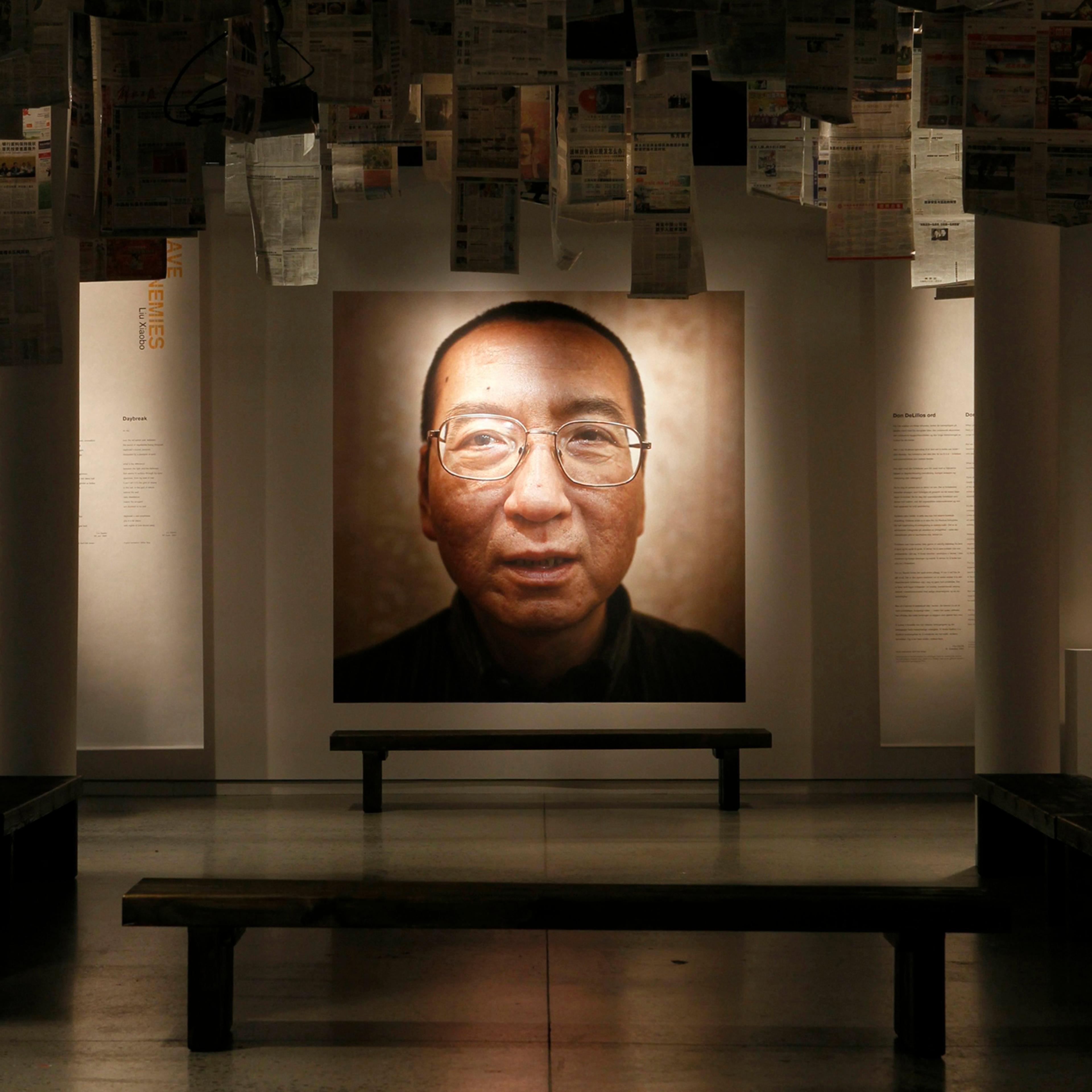 A picture of 2010 Nobel Peace Laureate Liu Xiaobo is seen at an exhibition at the Nobel Peace Center in Oslo in 2010.
