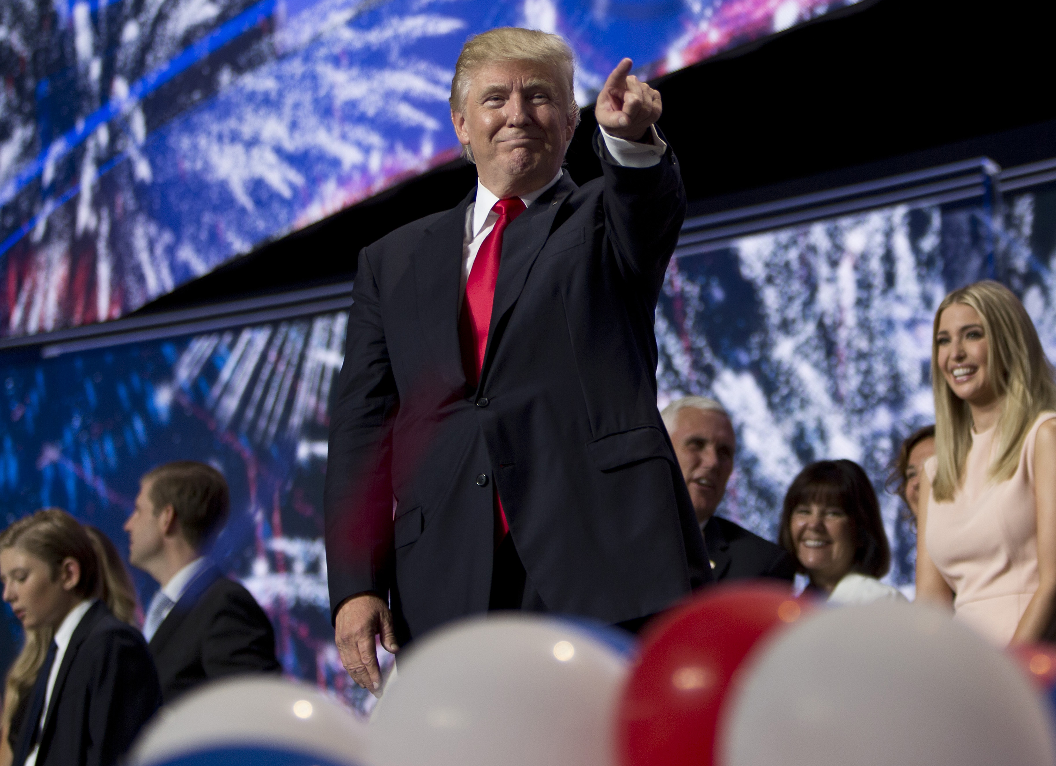 Republican presidential candidate Donald Trump points at the conclusion of the Republican National Convention on July 21, 2016 at the Quicken Loans Arena in Cleveland.