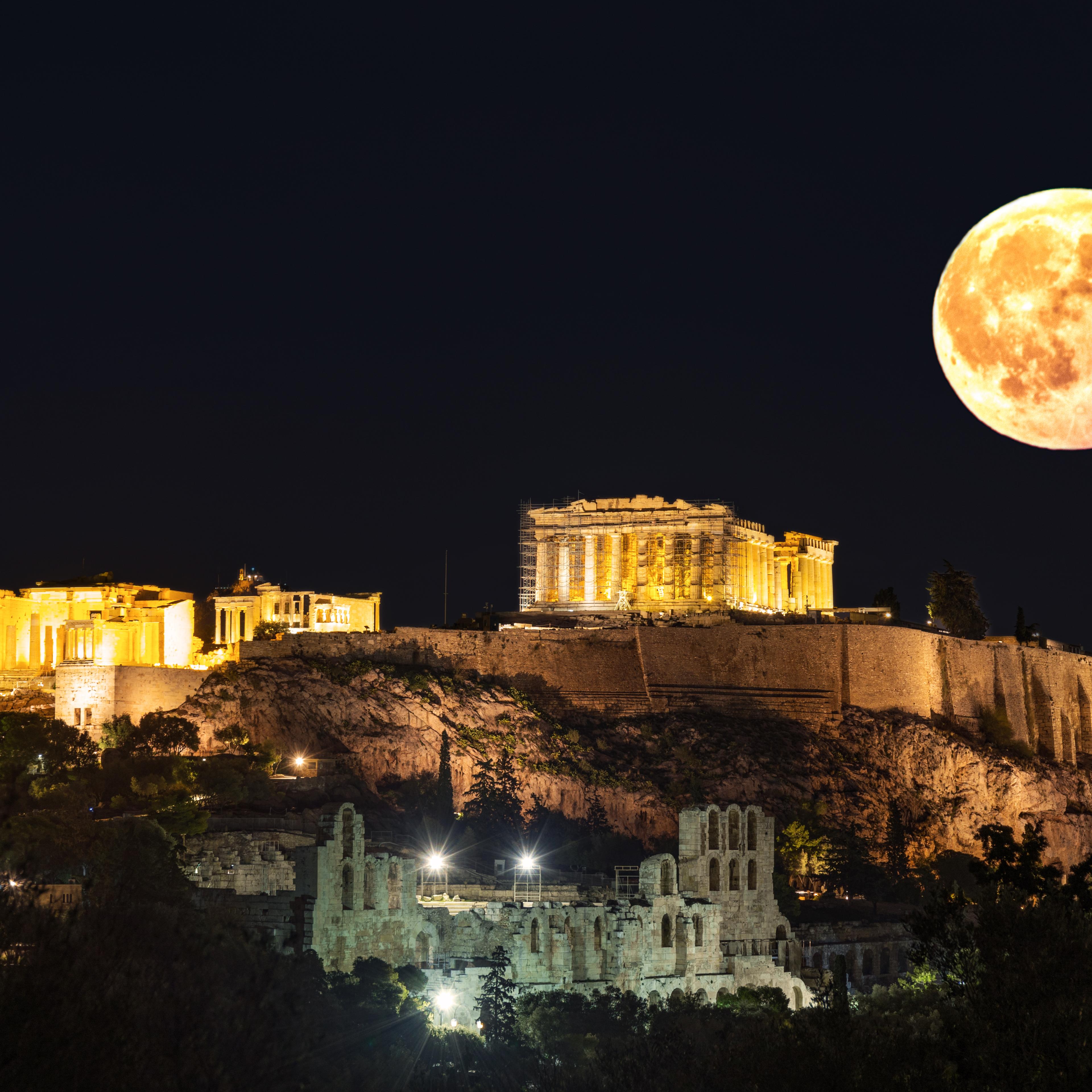 Super moon over the Acropolis in Athens, Greece