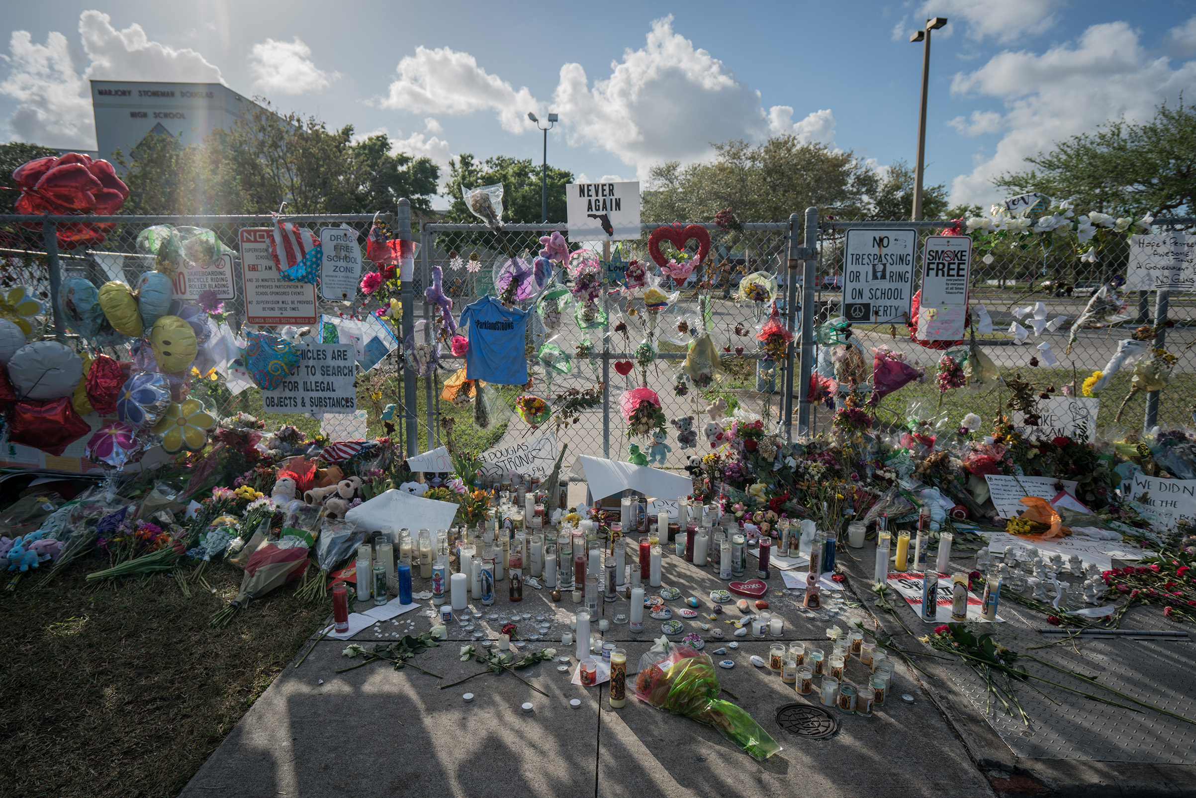 A makeshift memorial at Marjory Stoneman Douglas High School in Parkland, Fla.