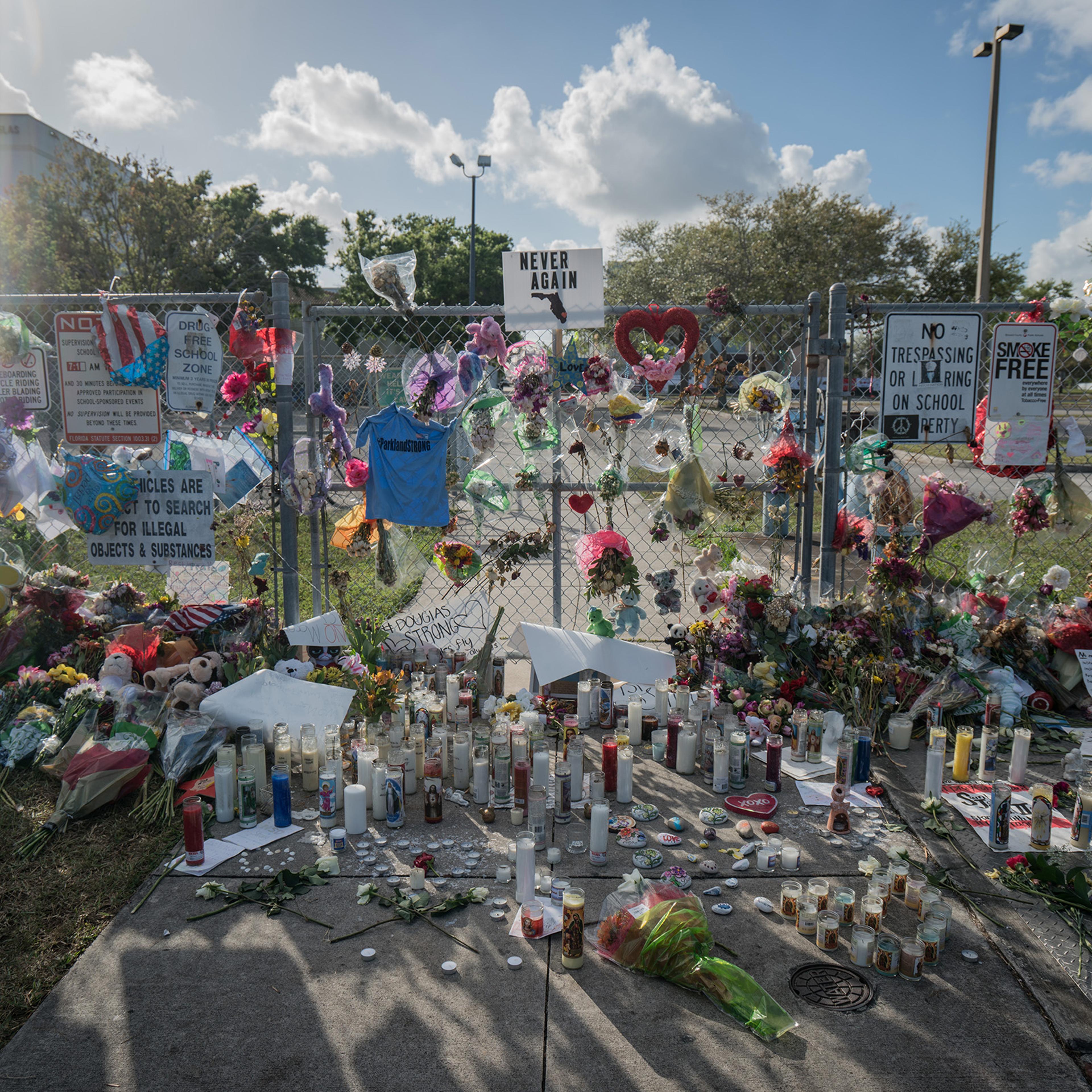A makeshift memorial at Marjory Stoneman Douglas High School in Parkland, Fla.