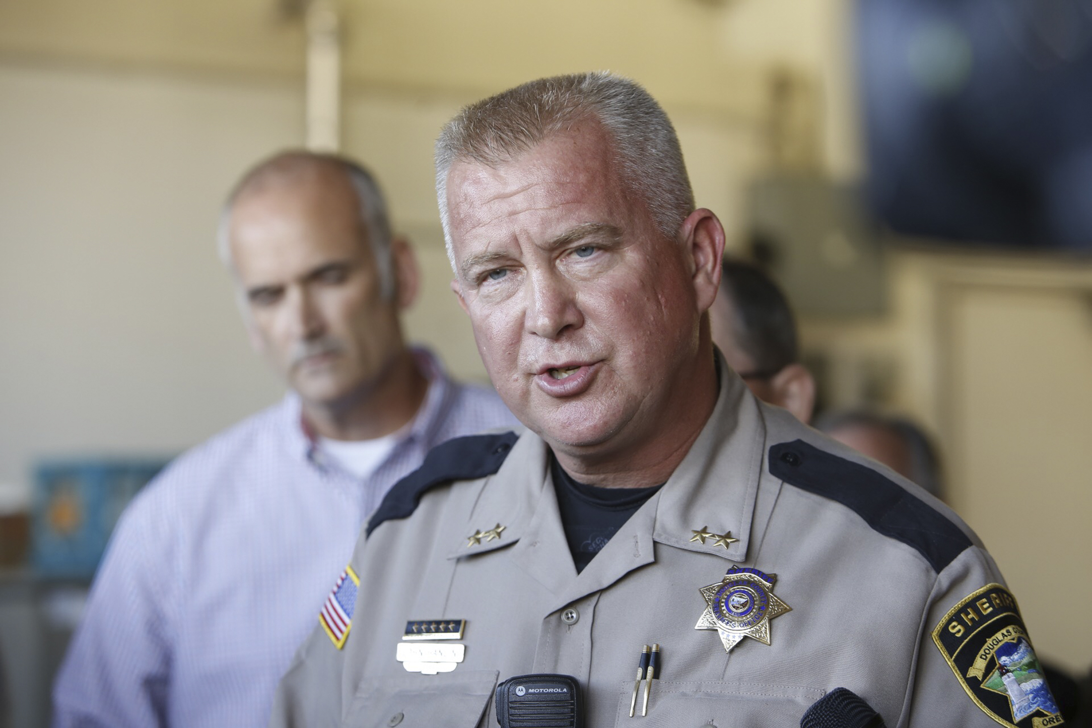 Douglas county sheriff John Hanlin speaks to media after a mass shooting at Umpqua Community College in Roseburg,Oregon