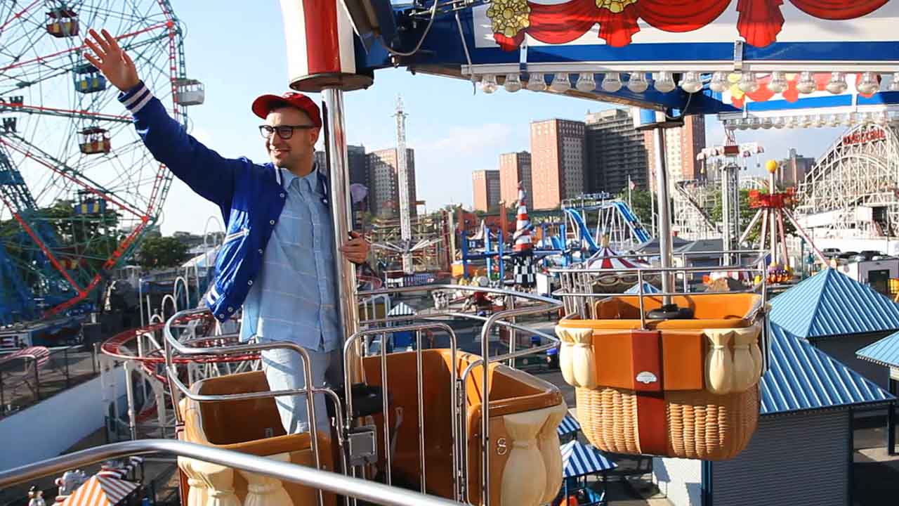 Jack Antonoff of 'Bleachers' on a ride in Coney Island's Luna Park for his TIME photo shoot.