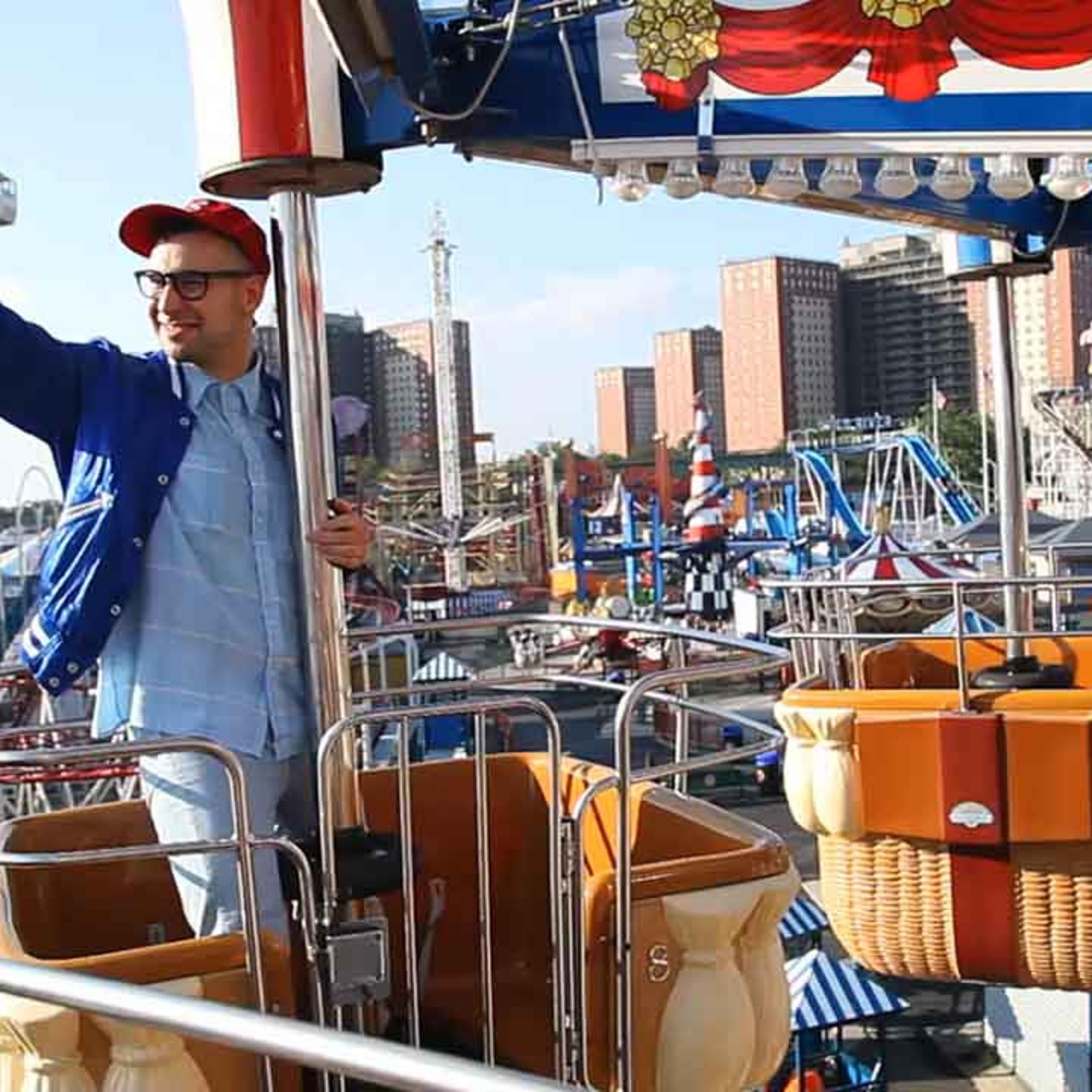 Jack Antonoff of 'Bleachers' on a ride in Coney Island's Luna Park for his TIME photo shoot.