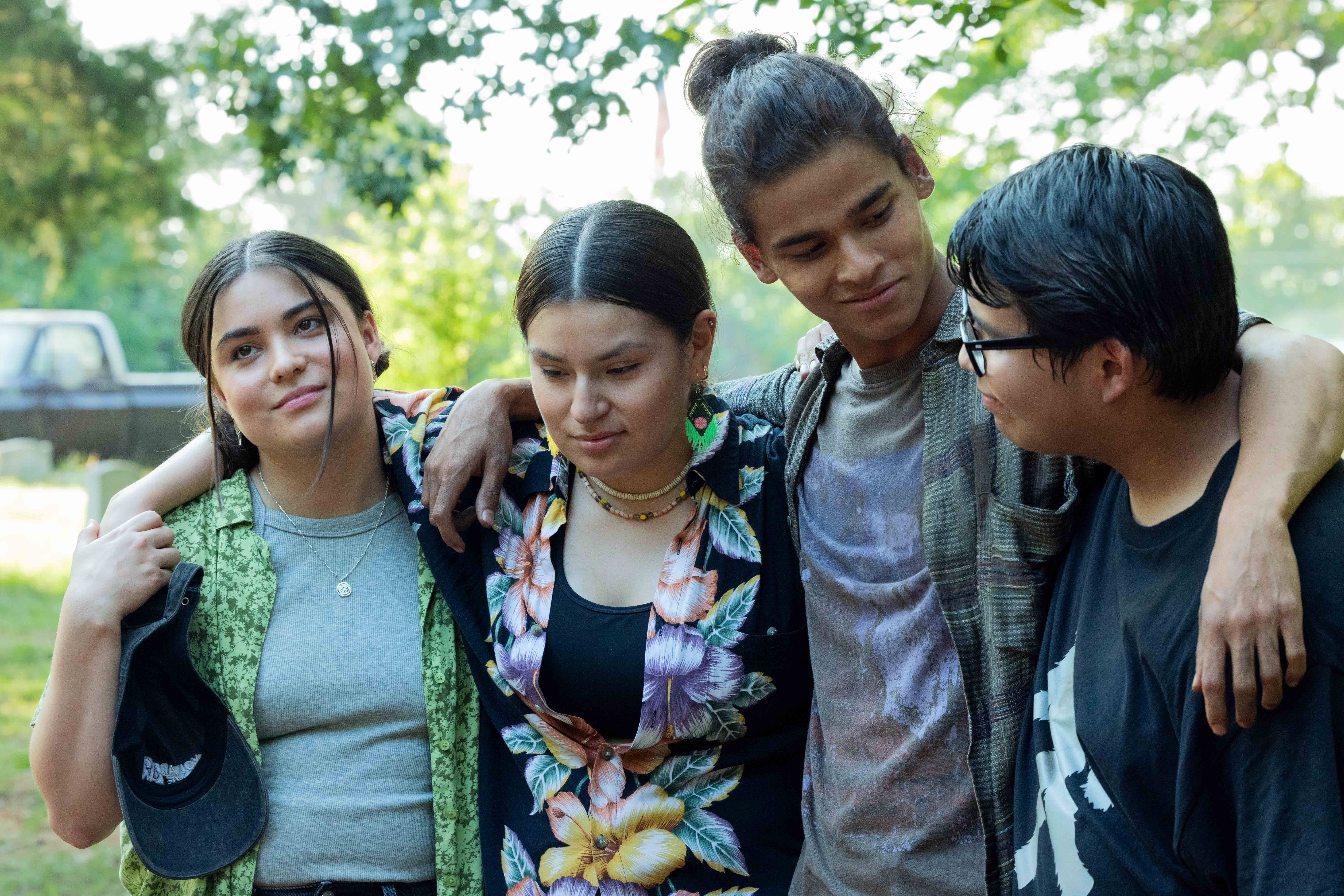 RESERVATION DOGS —"Dig"—Season 3, Episode 10 (Airs Wednesday, September 27th) Pictured: (l-r) Devery Jacobs as Elora Danan, Paulina Alexis as Willie Jack, D'Pharaoh Woon-A-Tai as Bear, Lane Factor as Cheese. CR: Shane Brown/FX.